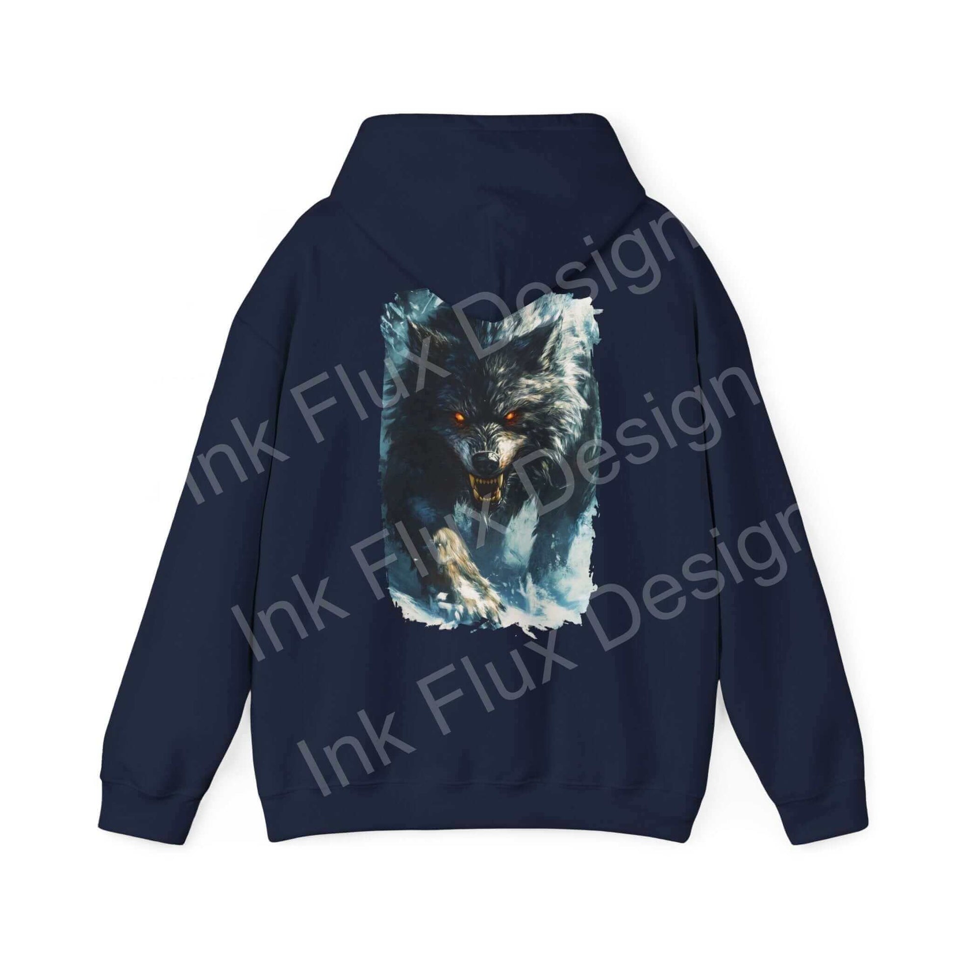 Navy blue hooded sweatshirt featuring a bold graphic design of a grey wolf, ideal for graphic hoodie enthusiasts.