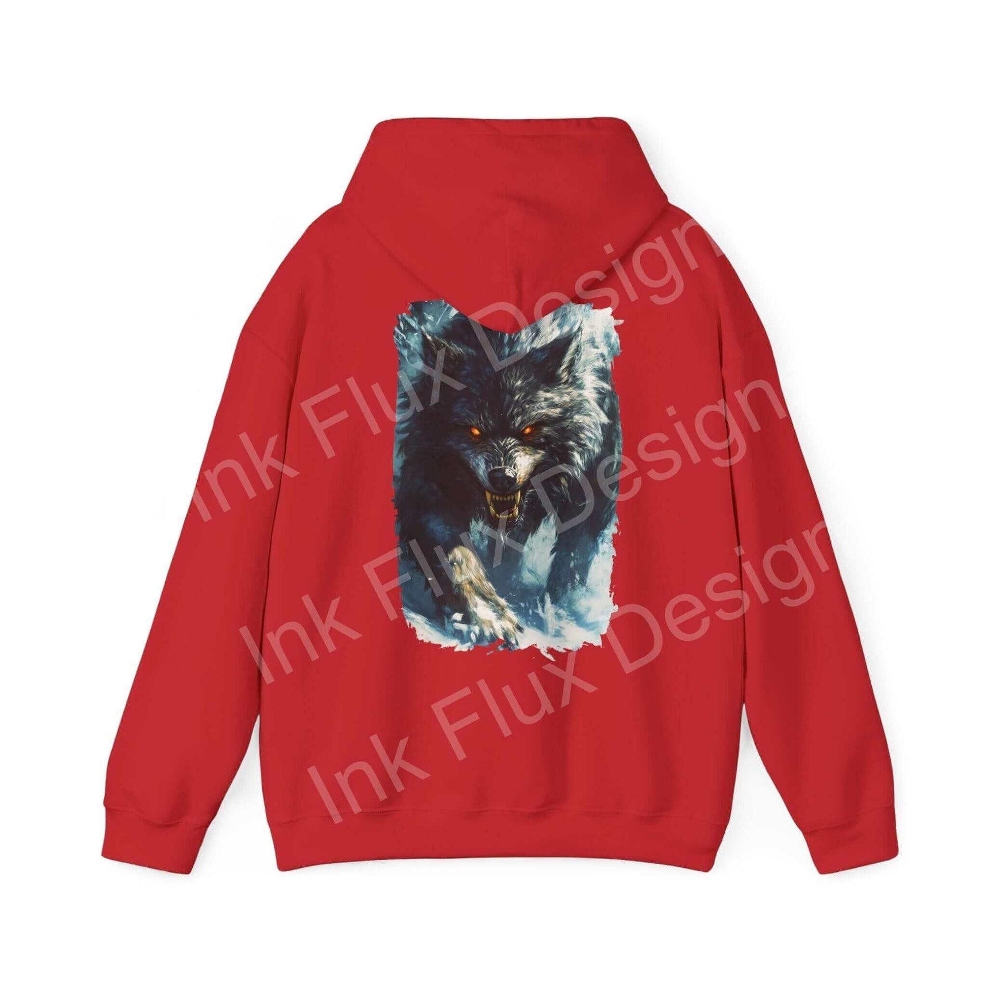Red hooded sweatshirt featuring a bold graphic of a grey wolf, ideal for those seeking stylish, cozy graphic hoodies.
