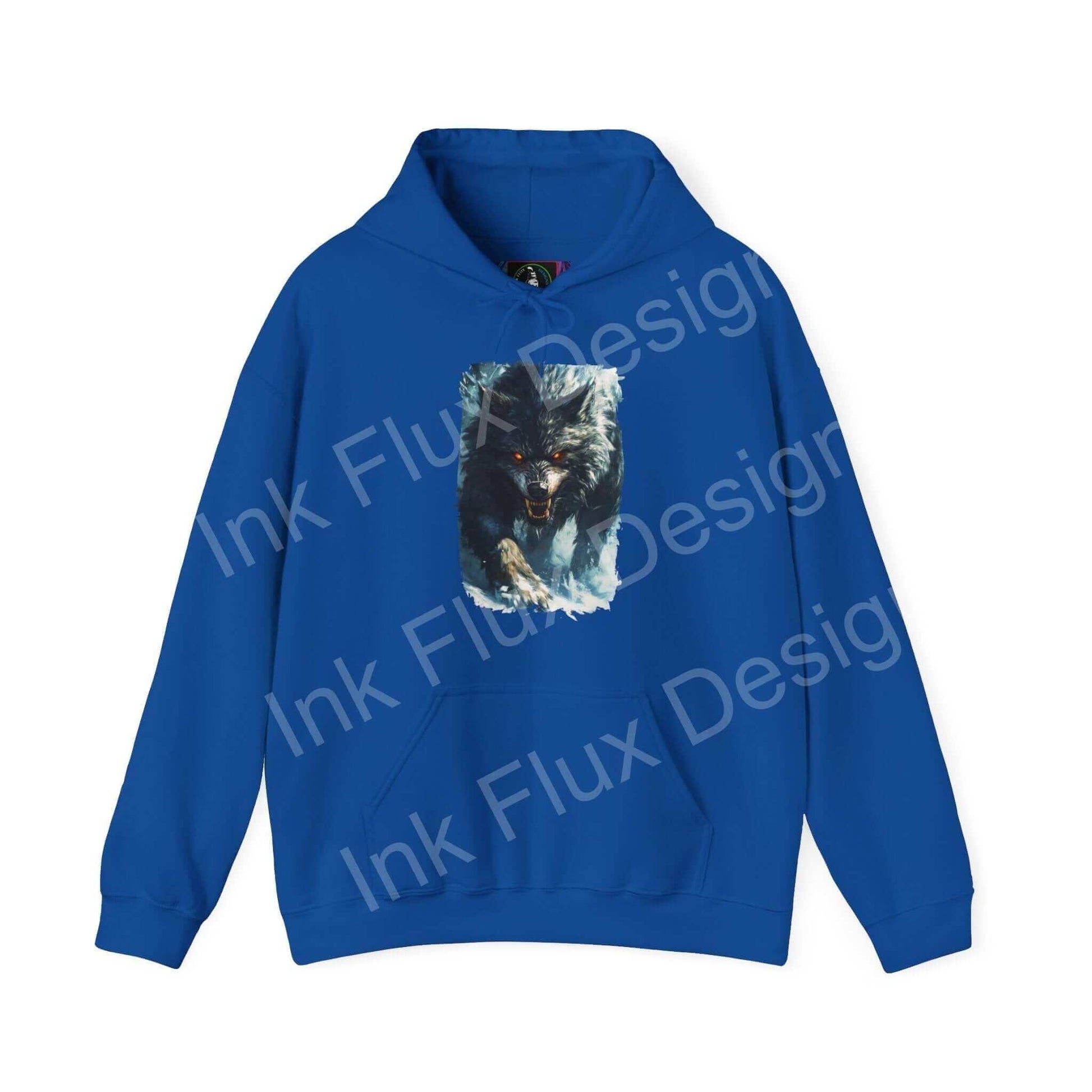 Bold blue hoodie featuring a graphic design of a grey wolf, ideal for those seeking stylish and durable graphic hoodies.
