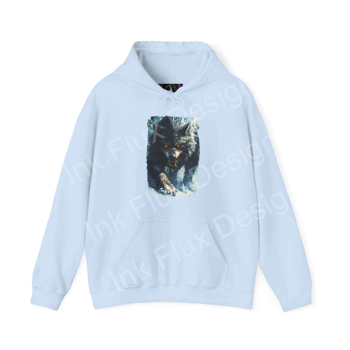 Light blue hooded sweatshirt featuring a bold graphic of a grey wolf, ideal for stylish comfort and warmth.