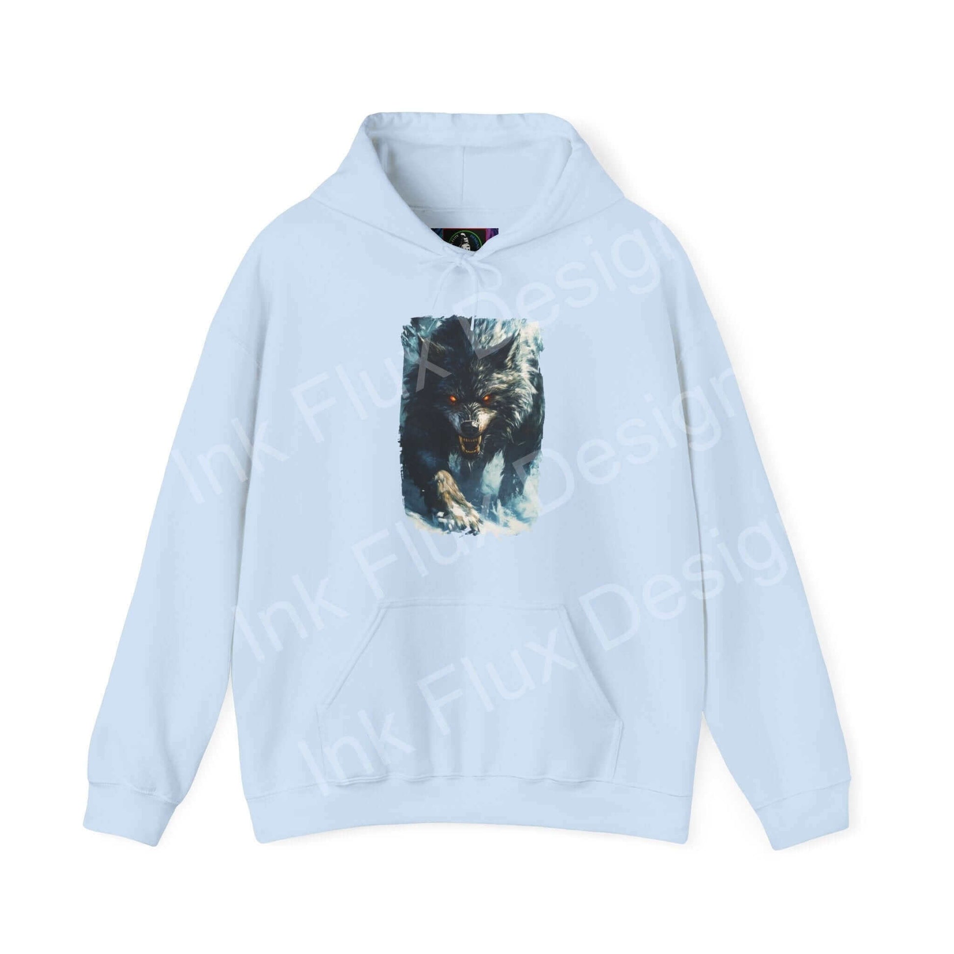 Light blue hooded sweatshirt featuring a bold graphic of a grey wolf, ideal for stylish comfort and warmth.