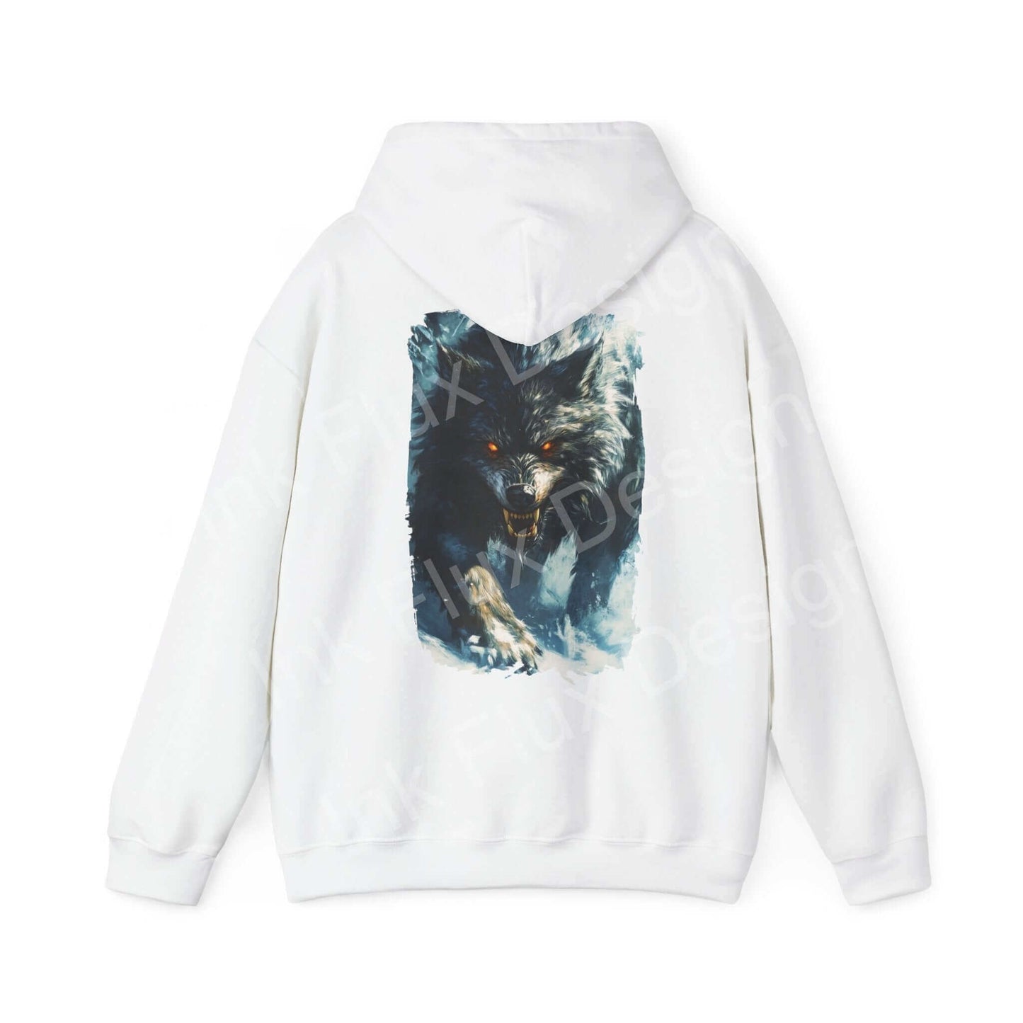 Back view of a white Ravenous Grey Wolf hooded sweatshirt featuring a bold graphic design of a wolf's face on a hood.