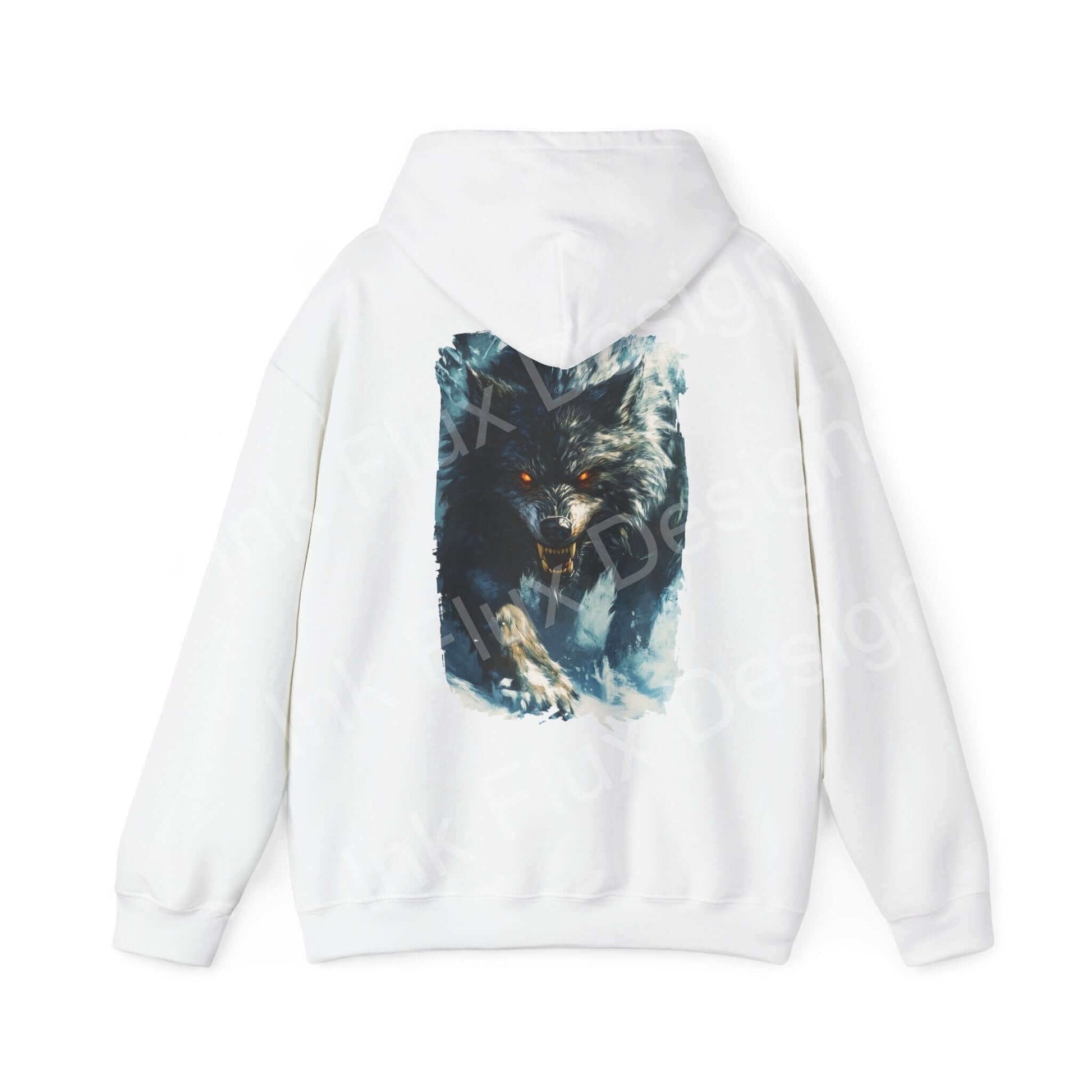 Back view of a white Ravenous Grey Wolf hooded sweatshirt featuring a bold graphic design of a wolf's face on a hood.