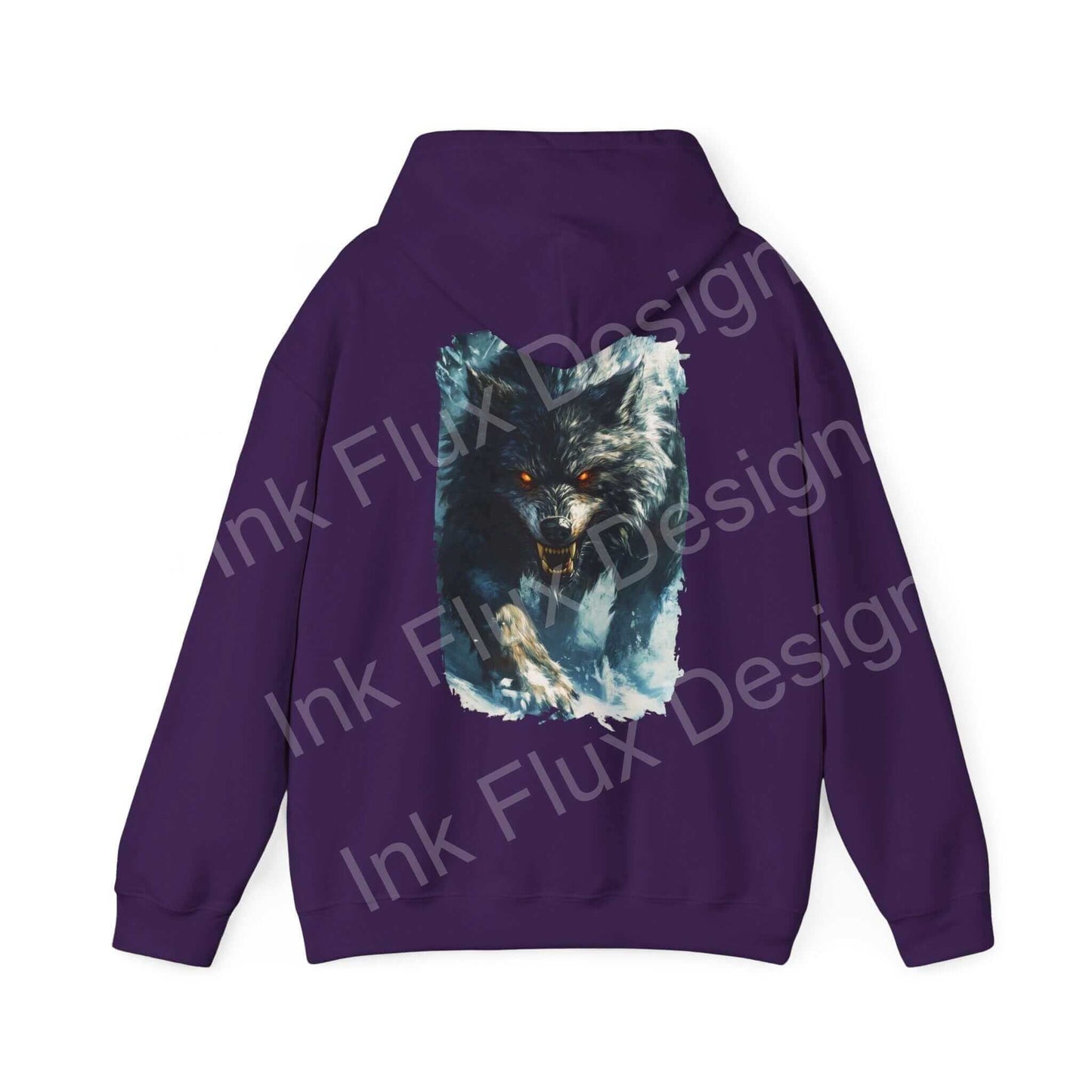 Unisex grey wolf graphic hoodie in purple, featuring a bold wolf face design on the back, perfect for stylish comfort.
