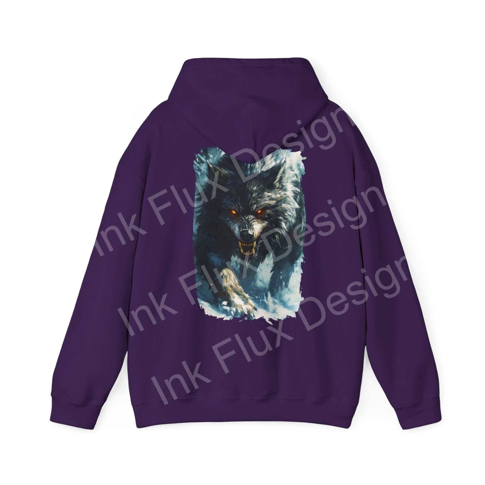 Unisex grey wolf graphic hoodie in purple, featuring a bold wolf face design on the back, perfect for stylish comfort.