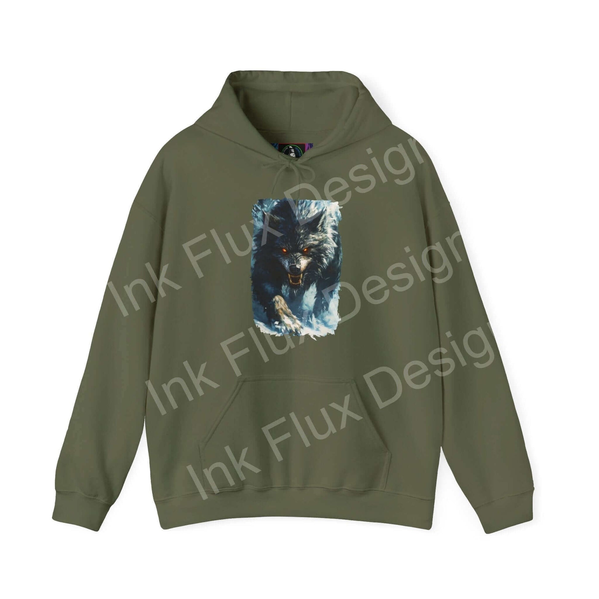 Olive green hooded sweatshirt featuring a bold graphic of a grey wolf, ideal for those seeking stylish, cozy graphic hoodies.