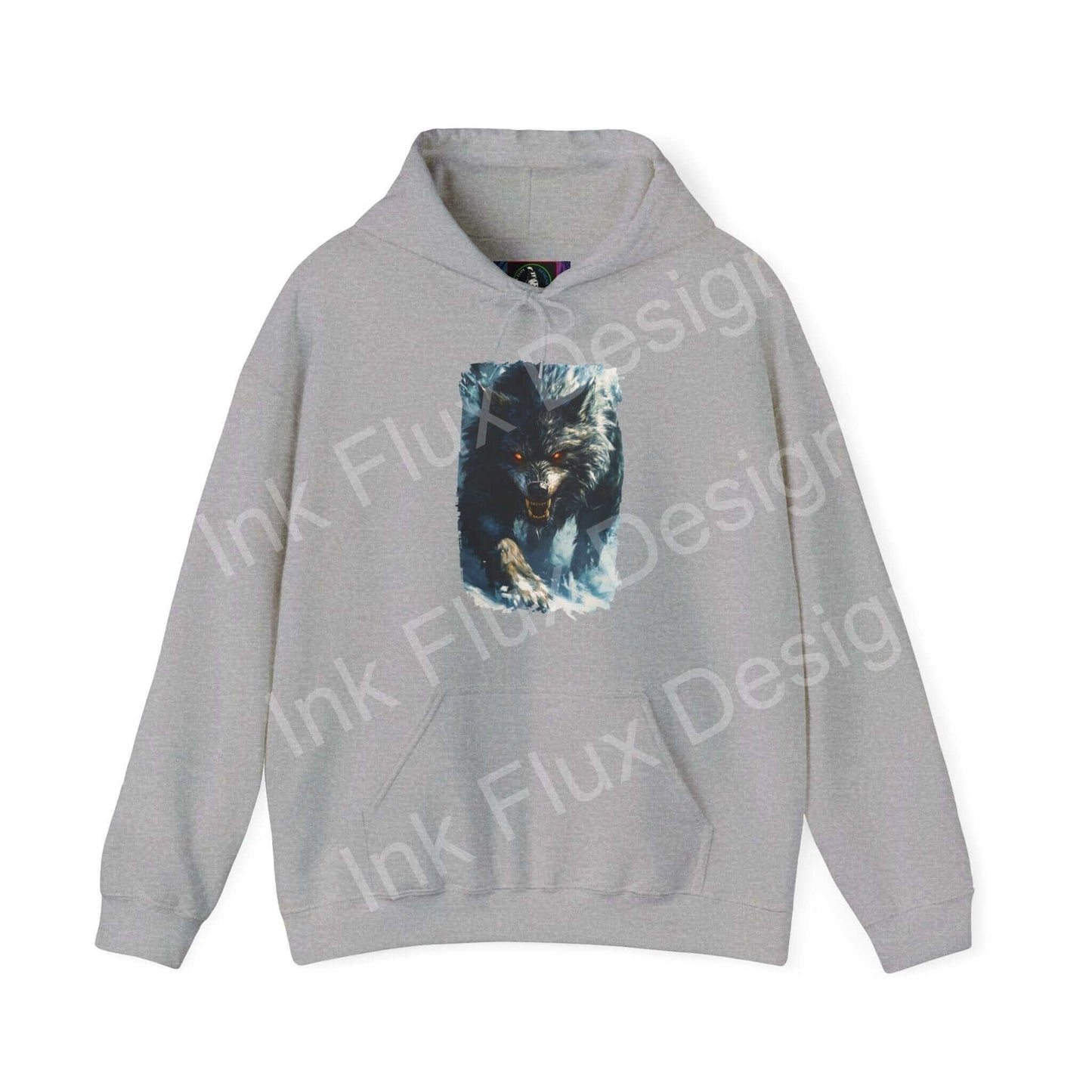 Grey hooded sweatshirt featuring a bold graphic of a grey wolf, ideal for showcasing style in graphic hoodies.