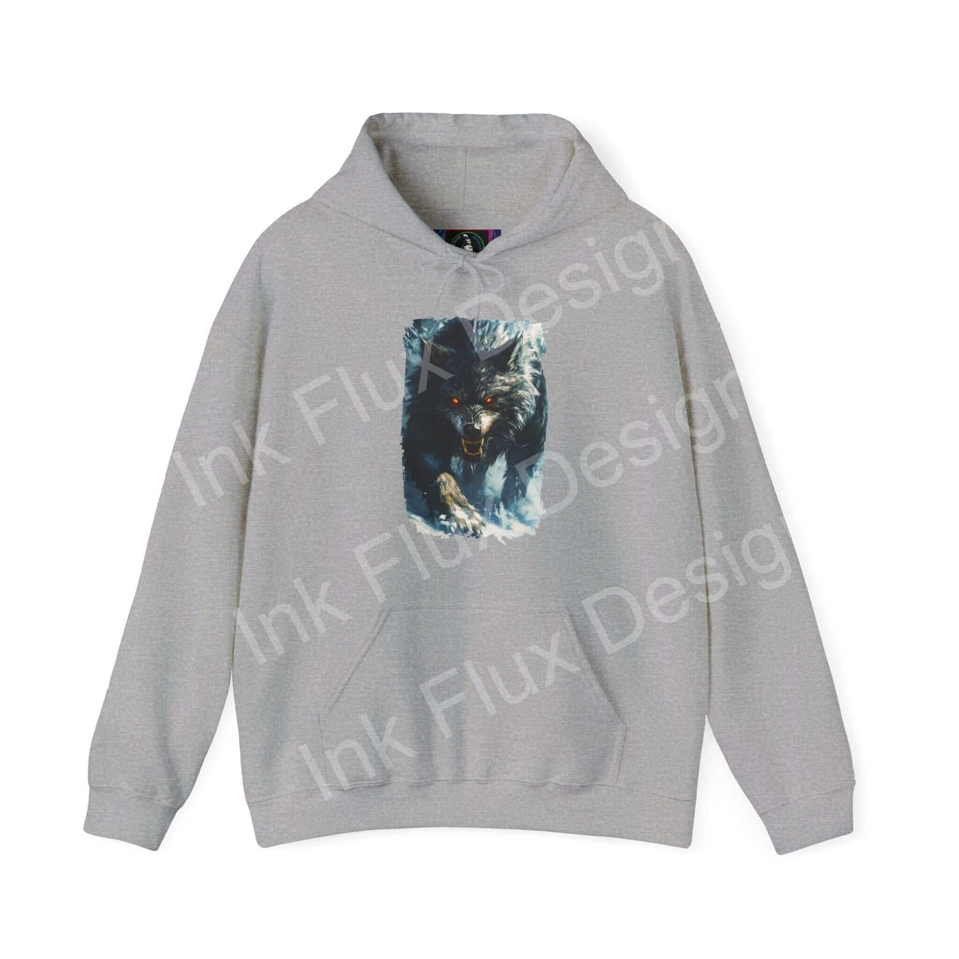 Grey hooded sweatshirt featuring a bold graphic of a grey wolf, ideal for showcasing style in graphic hoodies.