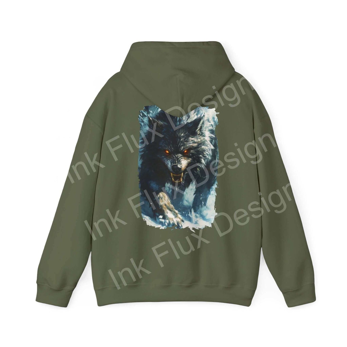 Green hooded sweatshirt featuring a bold graphic design of a grey wolf, ideal for those who love stylish, graphic hoodies.
