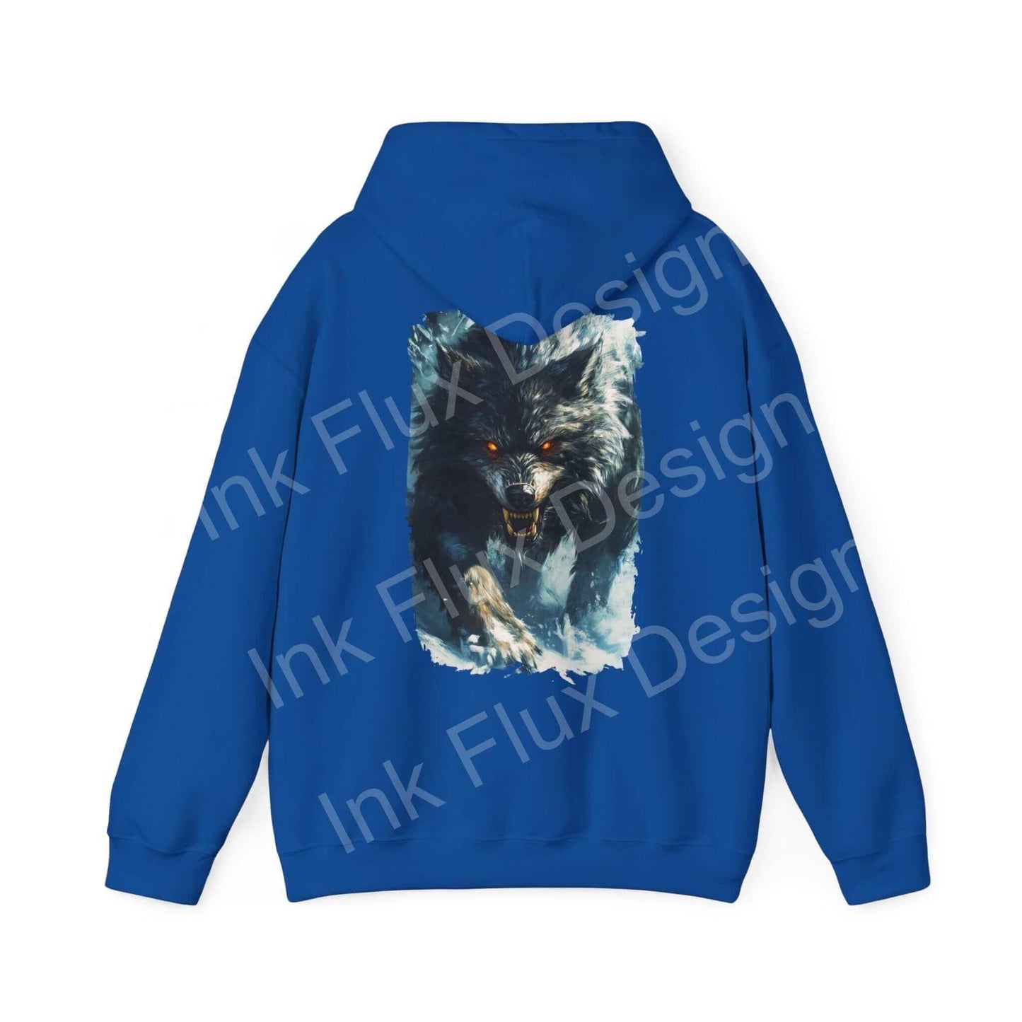 Ravenous Grey Wolf graphic on blue hooded sweatshirt, showcasing bold designs in unisex style for cozy elegance.