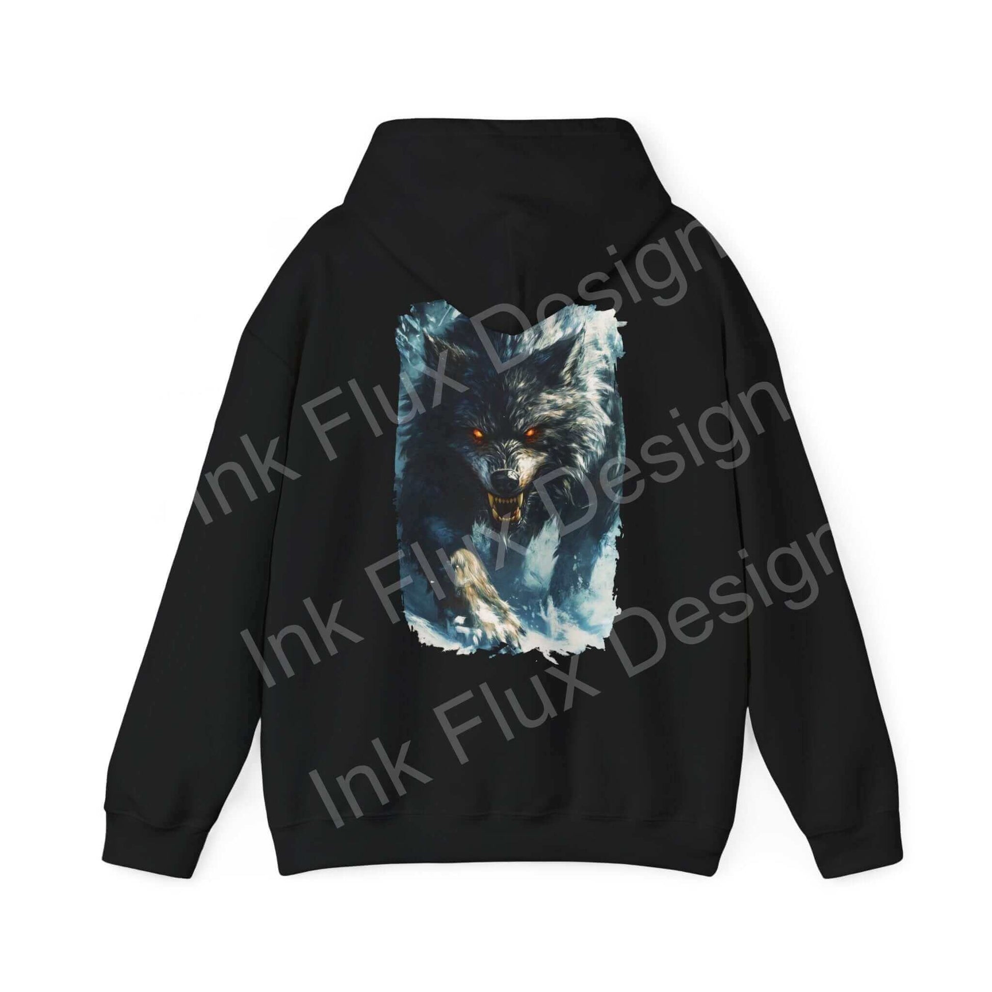 Unisex black hoodie featuring a bold graphic design of a grey wolf, ideal for stylish comfort and warmth.