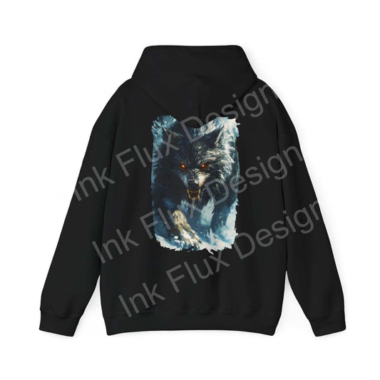 Unisex black hoodie featuring a bold graphic design of a grey wolf, ideal for stylish comfort and warmth.