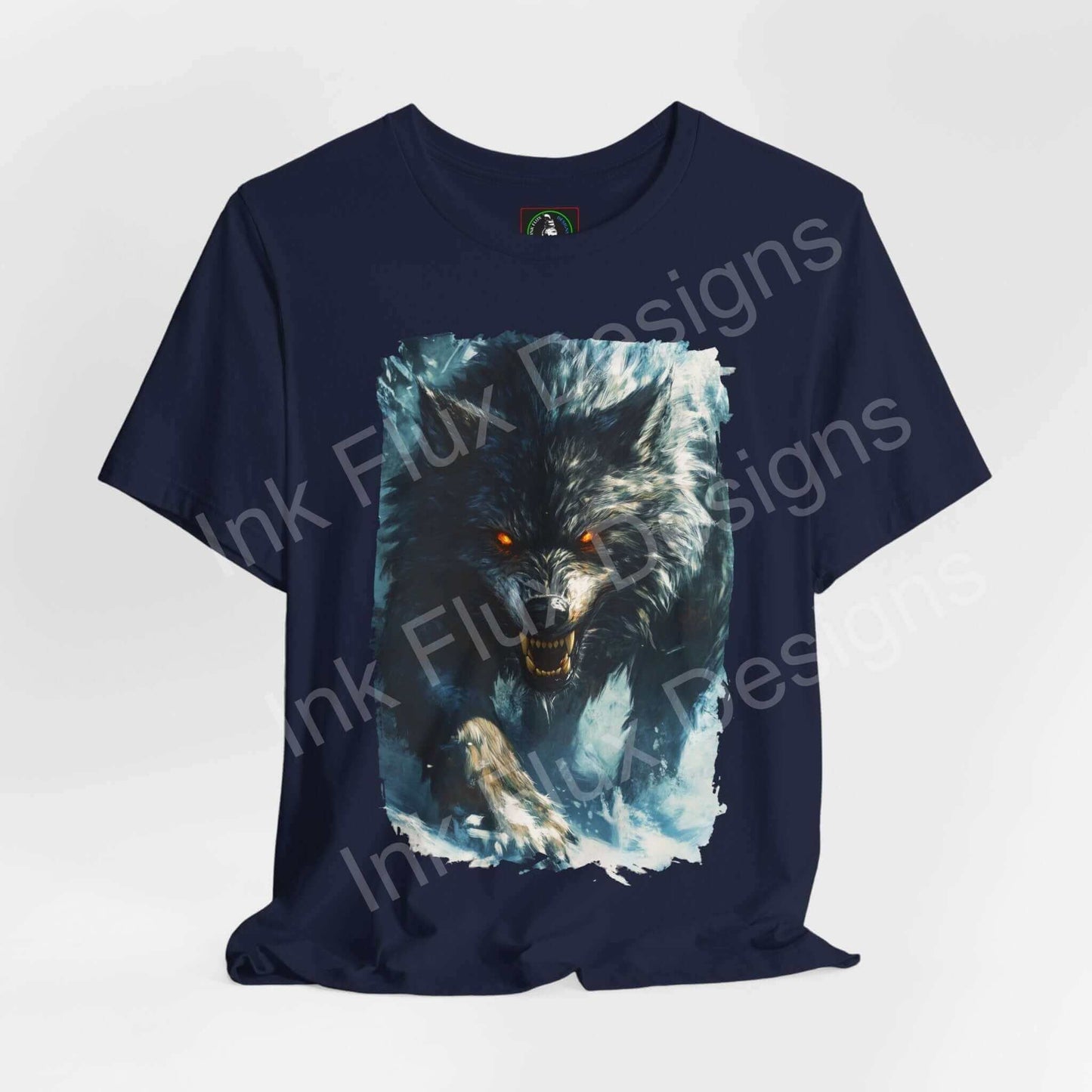 Navy blue unisex T-shirt featuring a graphic of a snarling grey wolf, symbolizing spirit animals, ideal for casual wear.