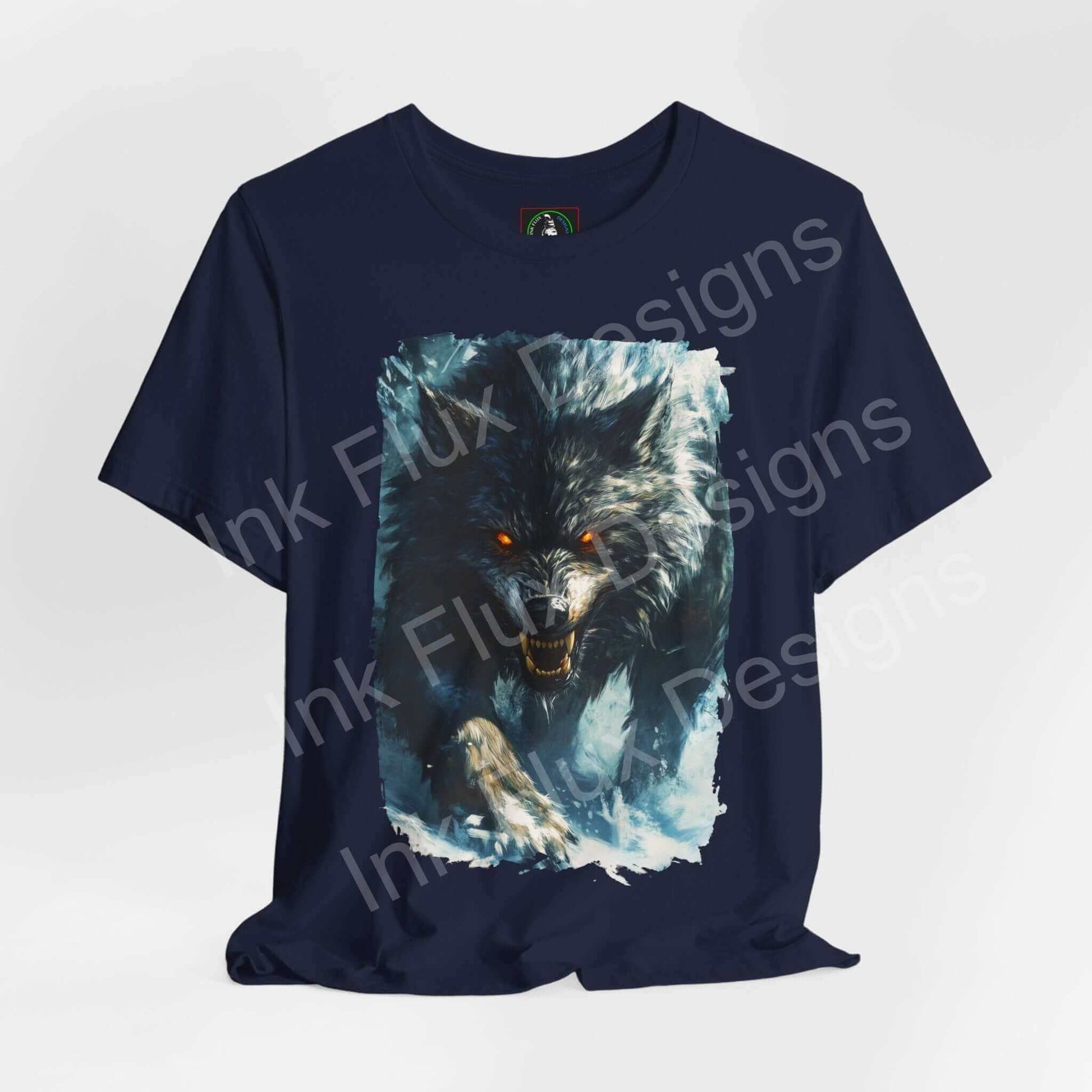 Navy blue unisex T-shirt featuring a graphic of a snarling grey wolf, symbolizing spirit animals, ideal for casual wear.
