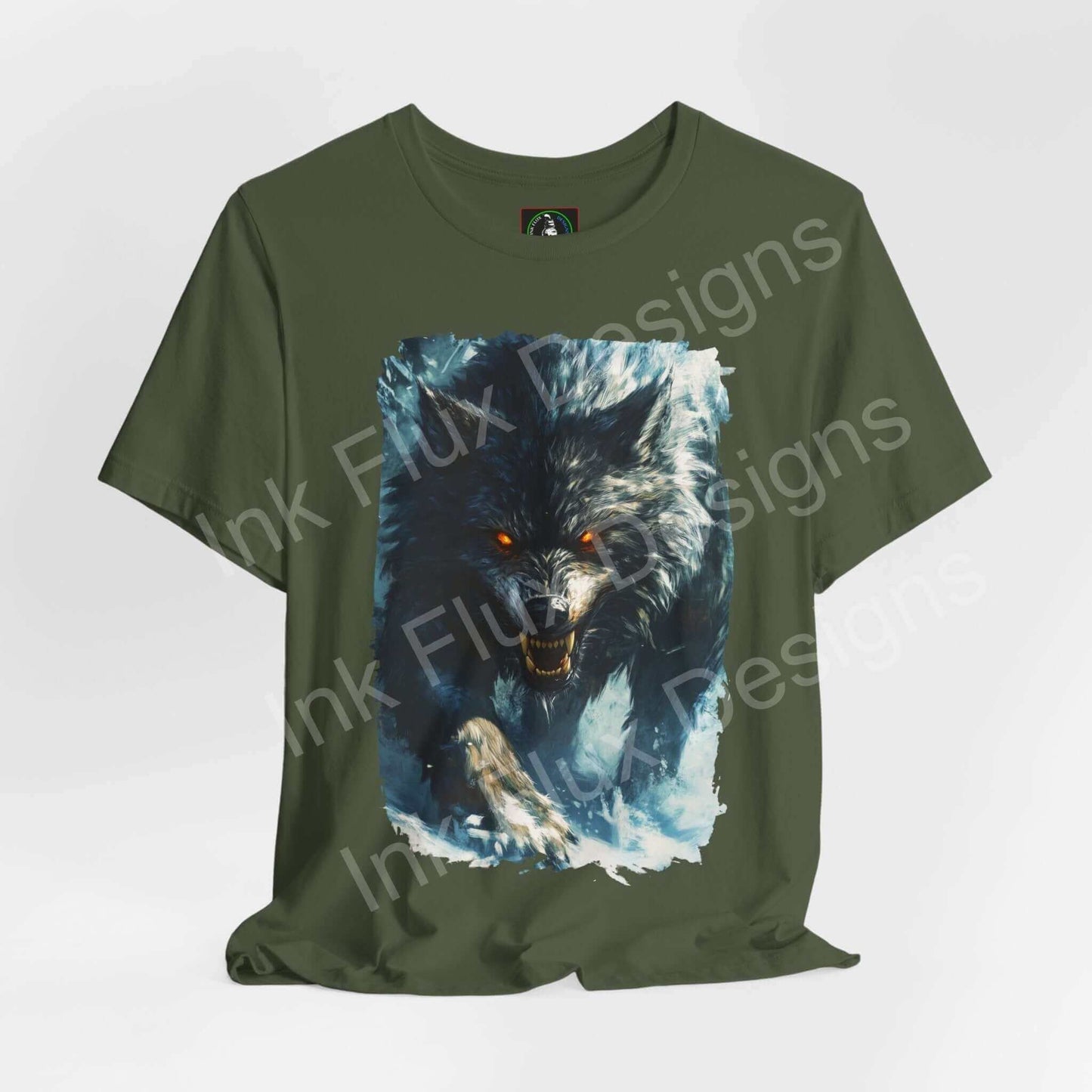 Olive green unisex T-shirt featuring a graphic of a snarling grey wolf, ideal for fans of spirit animals and graphic tees.