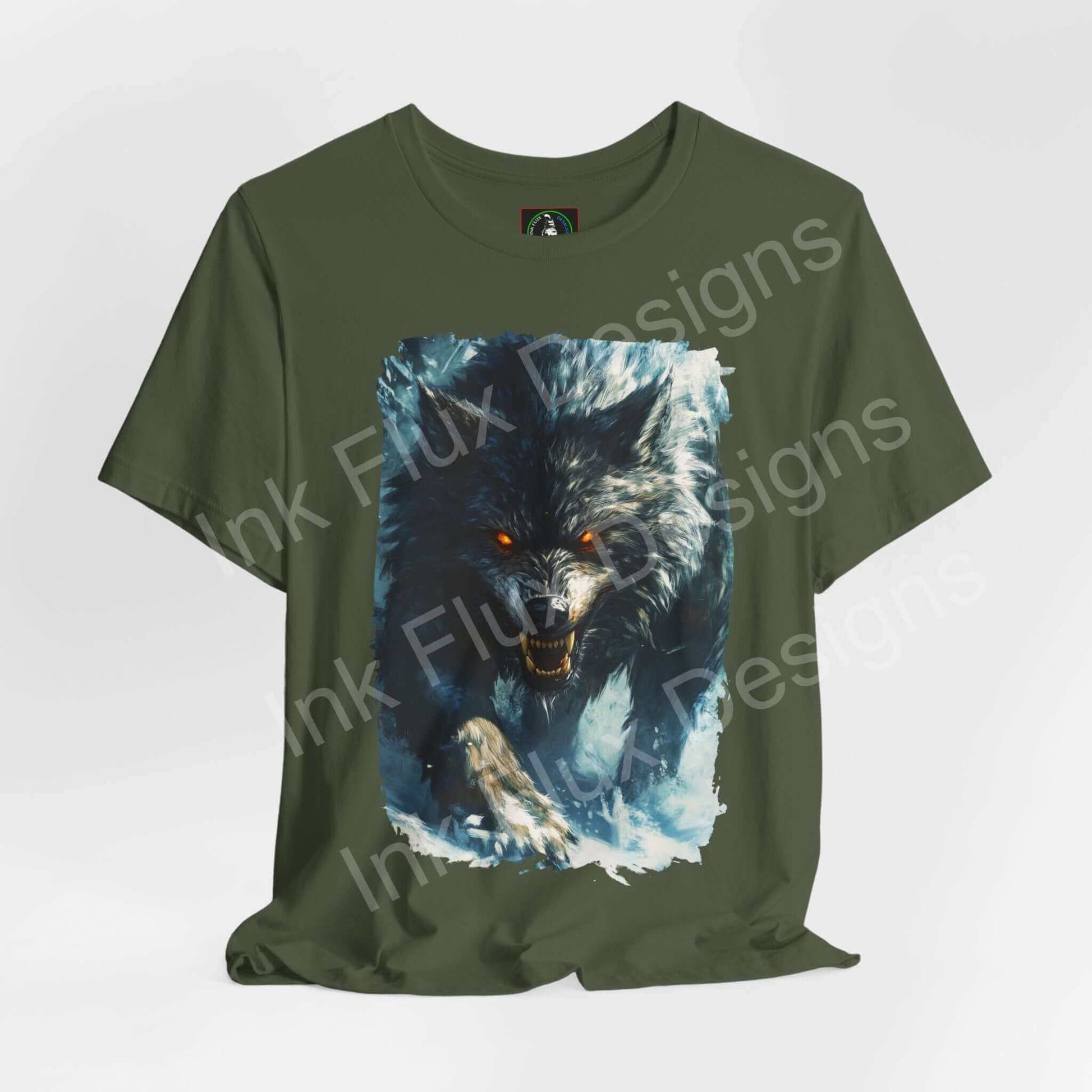 Olive green unisex T-shirt featuring a graphic of a snarling grey wolf, ideal for fans of spirit animals and graphic tees.