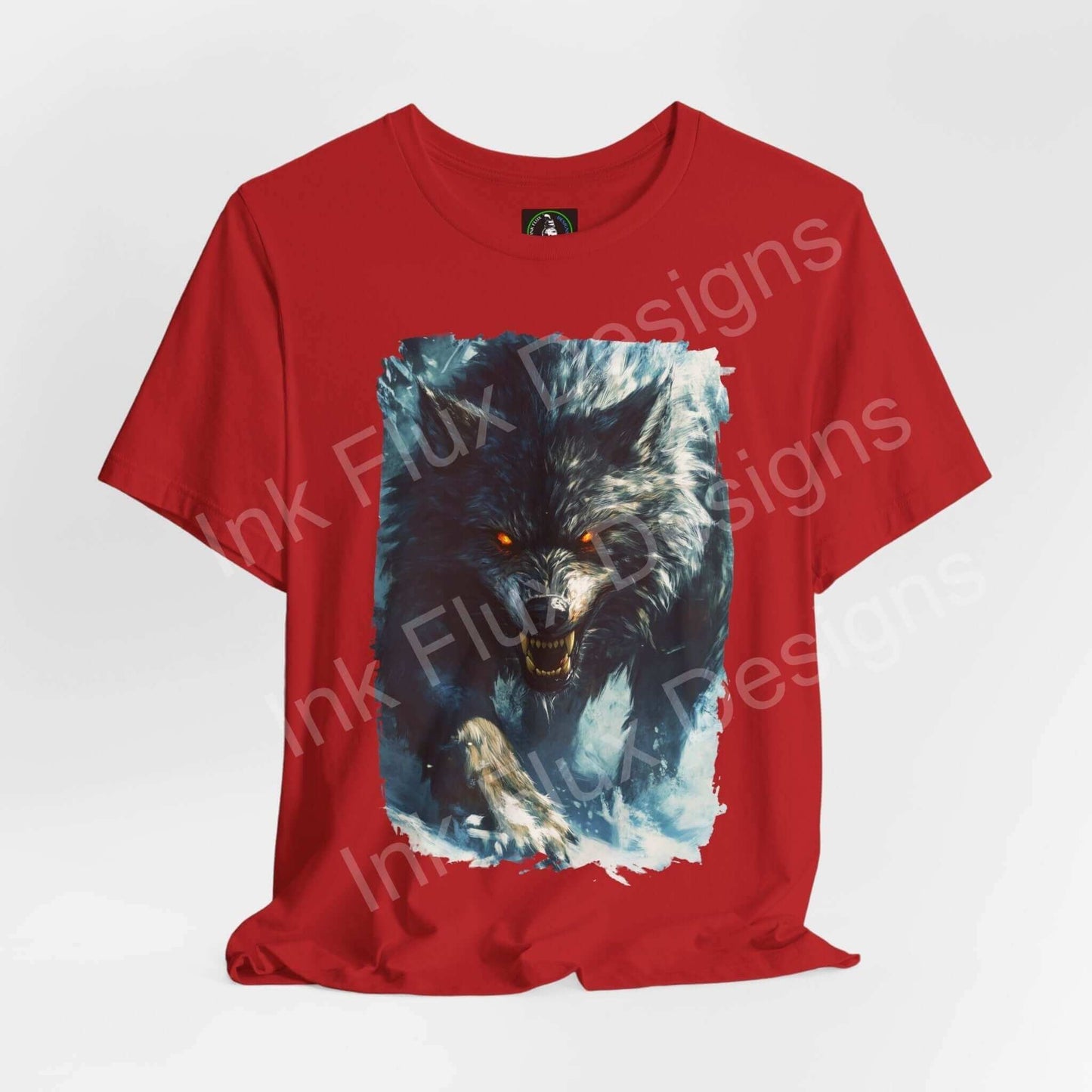 Red unisex T-shirt with a graphic design of a snarling grey wolf, ideal for fans of spirit animals and animal-themed apparel.