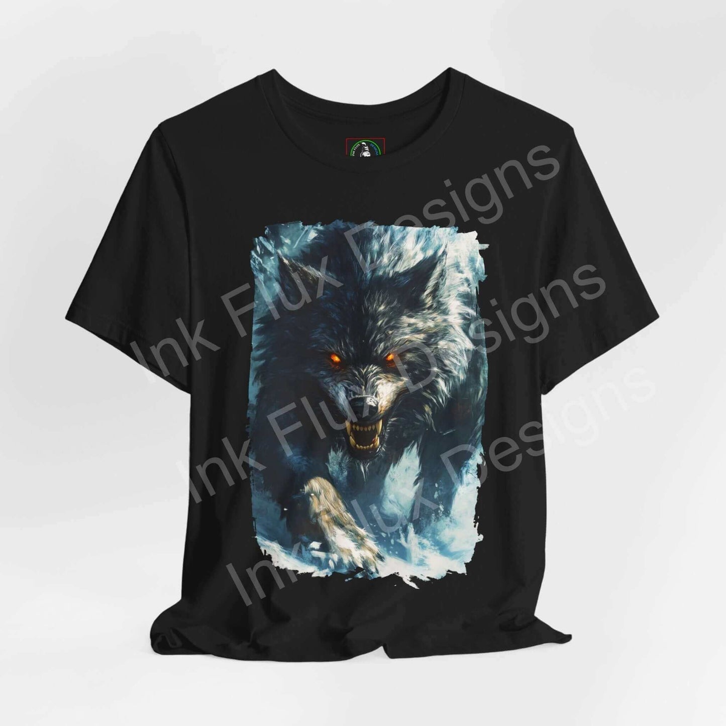 Unisex black T-shirt featuring a graphic of a snarling grey wolf, ideal for fans of spirit animals and ethically made clothing.