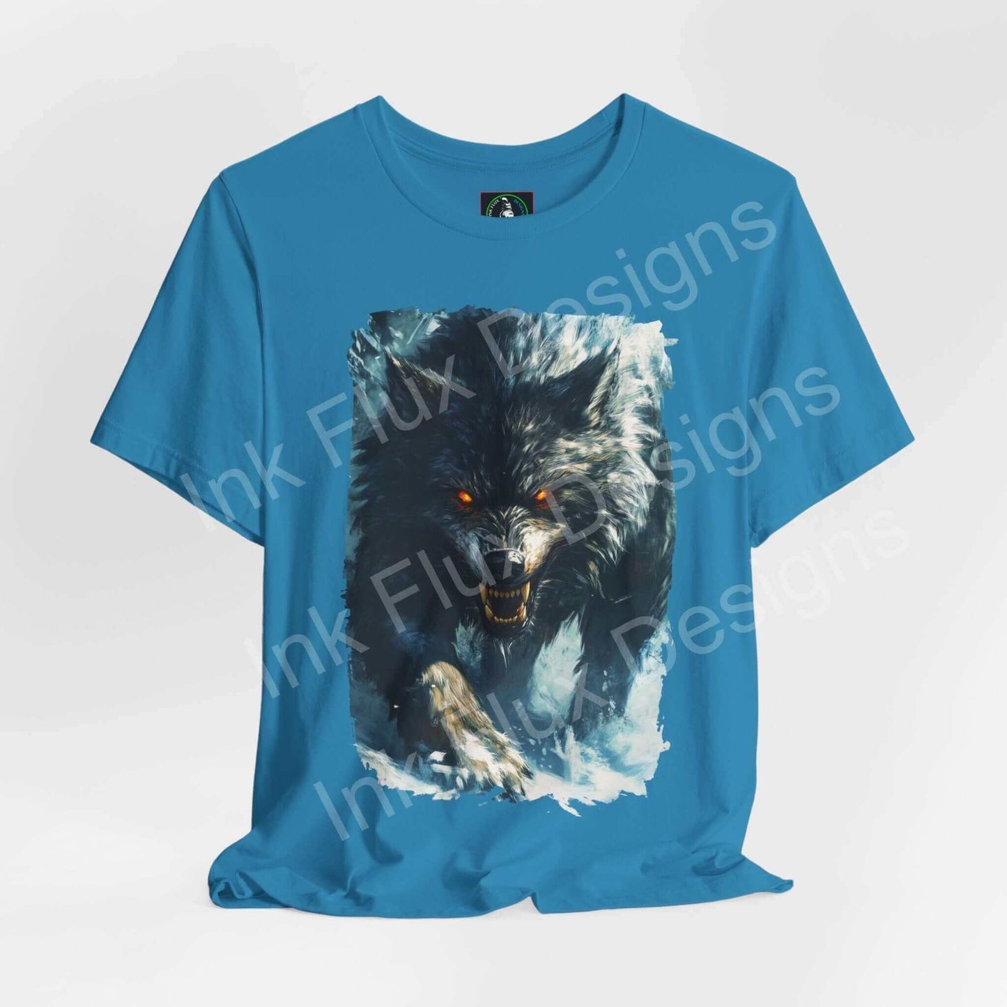 Blue unisex T-shirt featuring a graphic of a snarling grey wolf, embodying spirit animal themes, ethically made by Bella+Canvas.