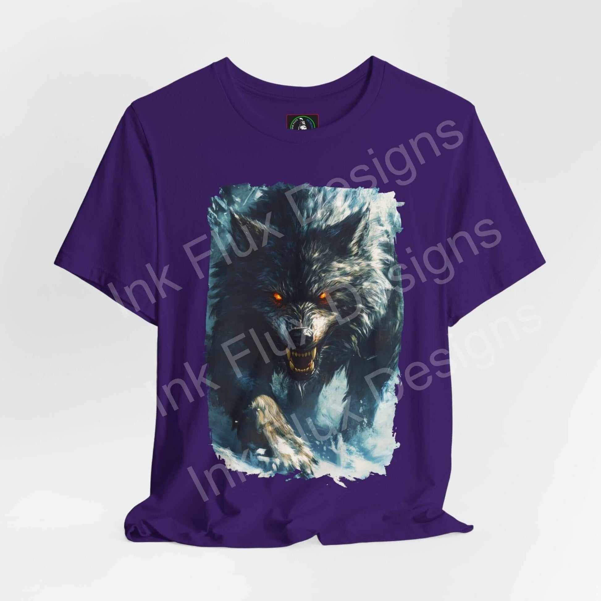 Unisex purple T-shirt featuring graphic print of a fierce grey wolf, from Bella+Canvas, ideal for fans of spirit animals and graphic tees.