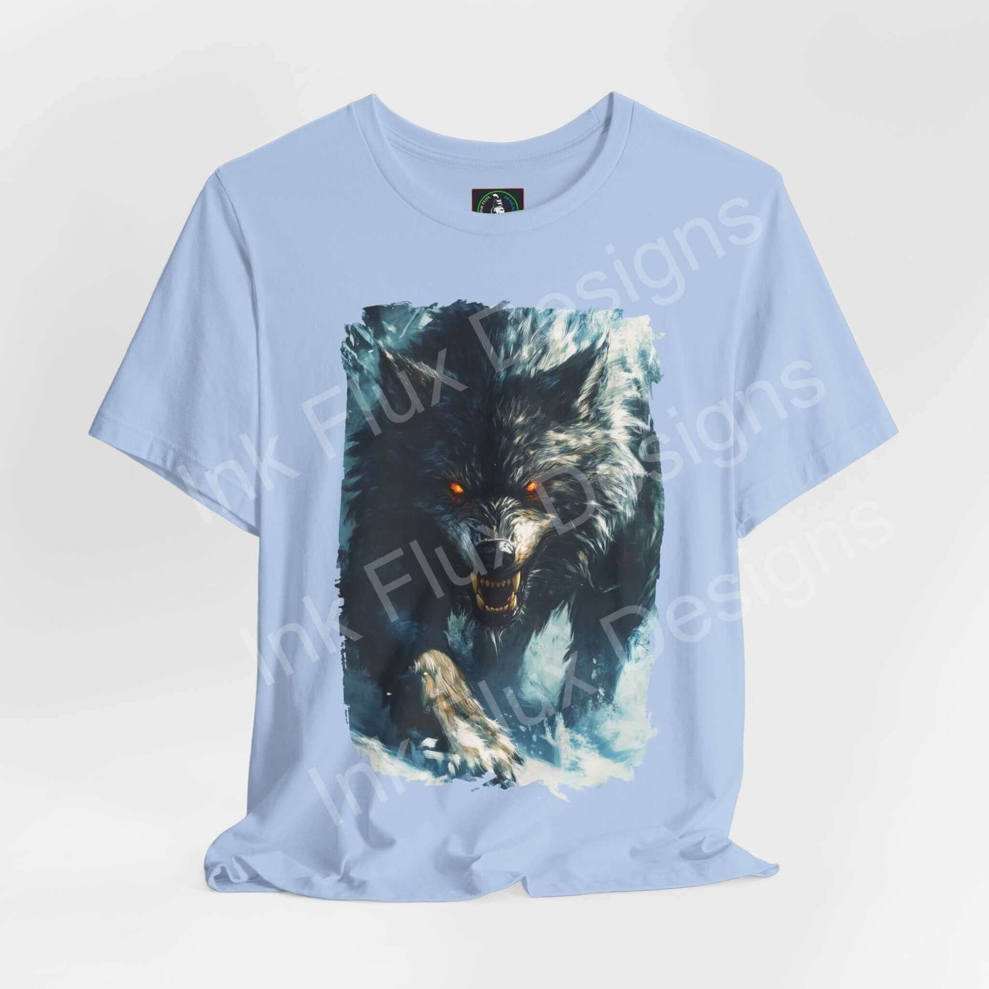 Light blue unisex T-shirt featuring a graphic of a snarling grey wolf, ideal for fans of spirit animals and ethically made by Bella+Canvas.