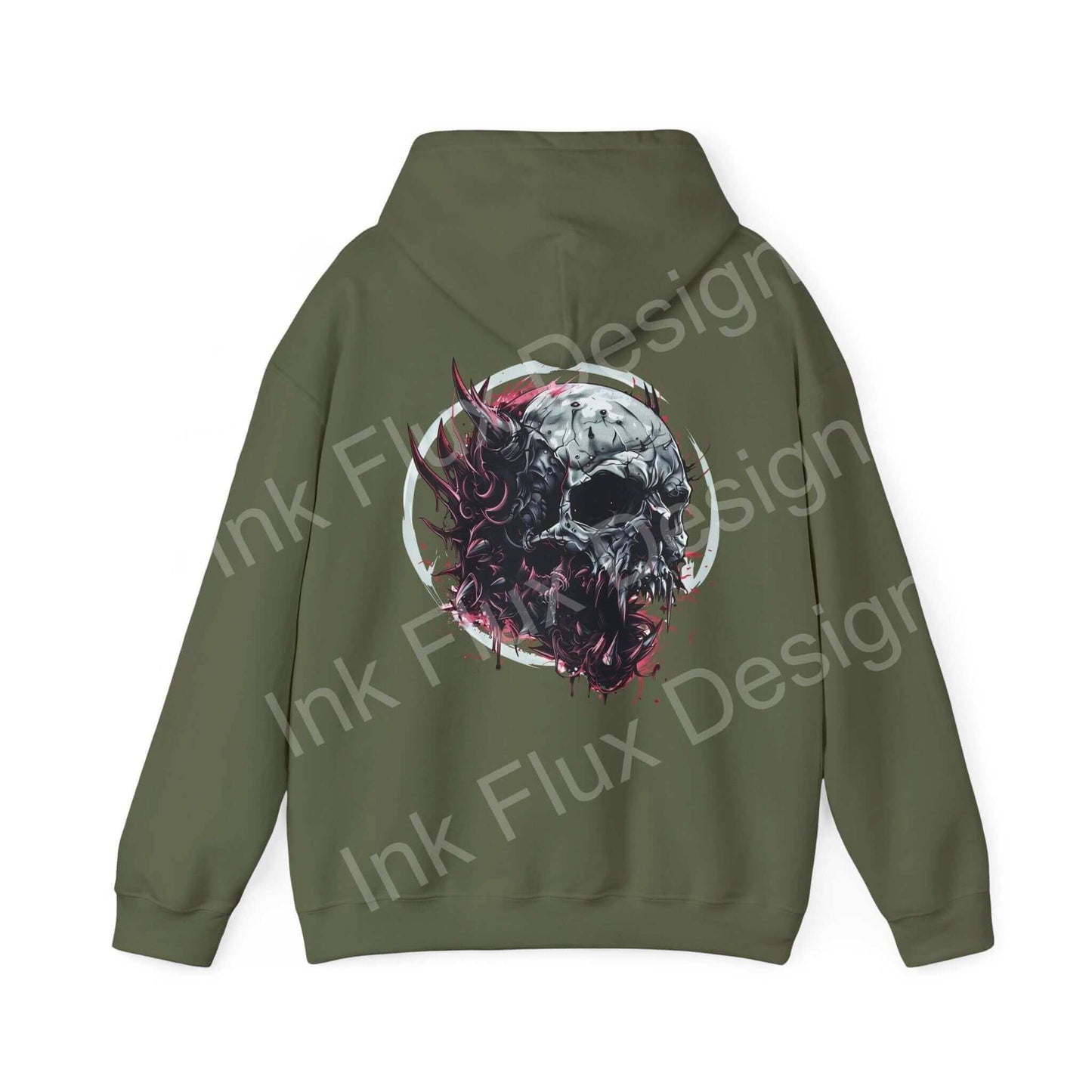 Back view of Ravenous Skull II Hooded Sweatshirt in green featuring a graphic skull design, perfect blend for style and warmth.