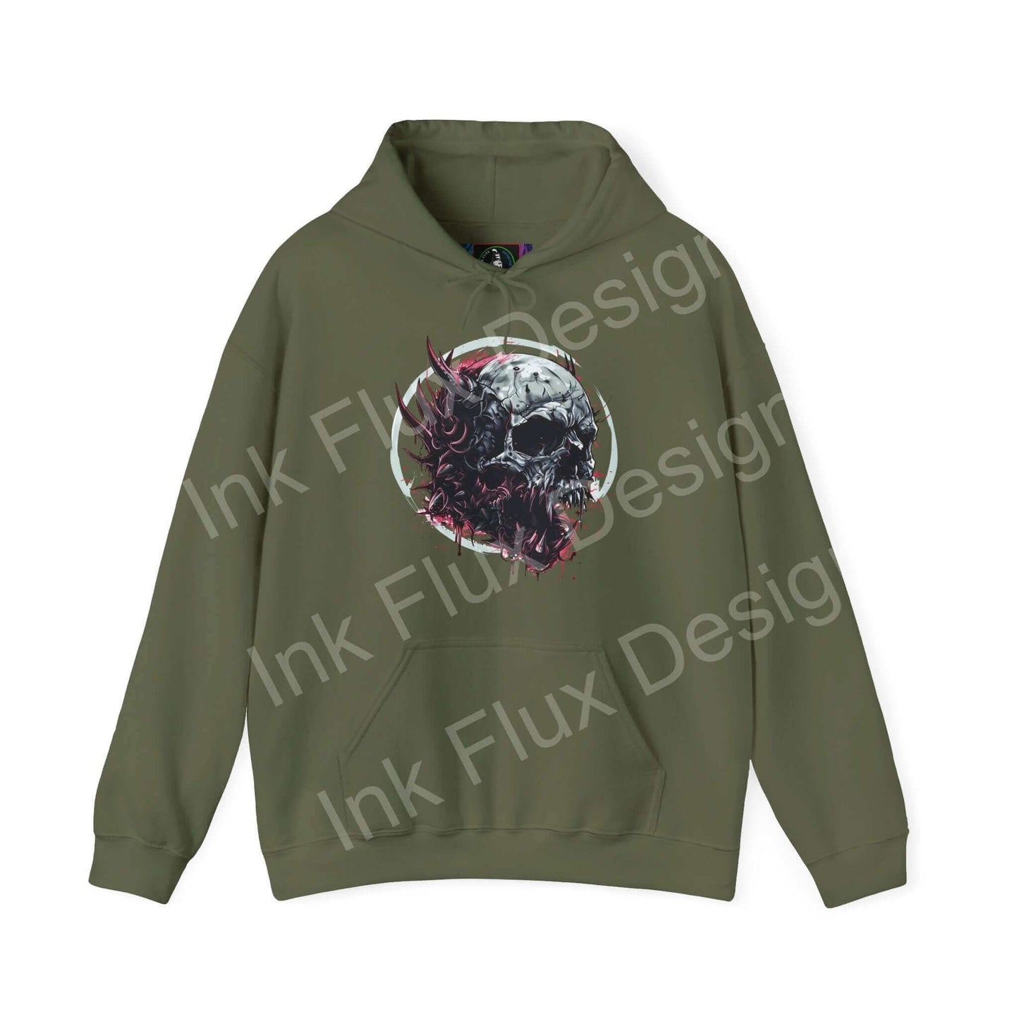 Olive green Ravenous Skull II hooded sweatshirt with bold graphic design, perfect for stylish warmth