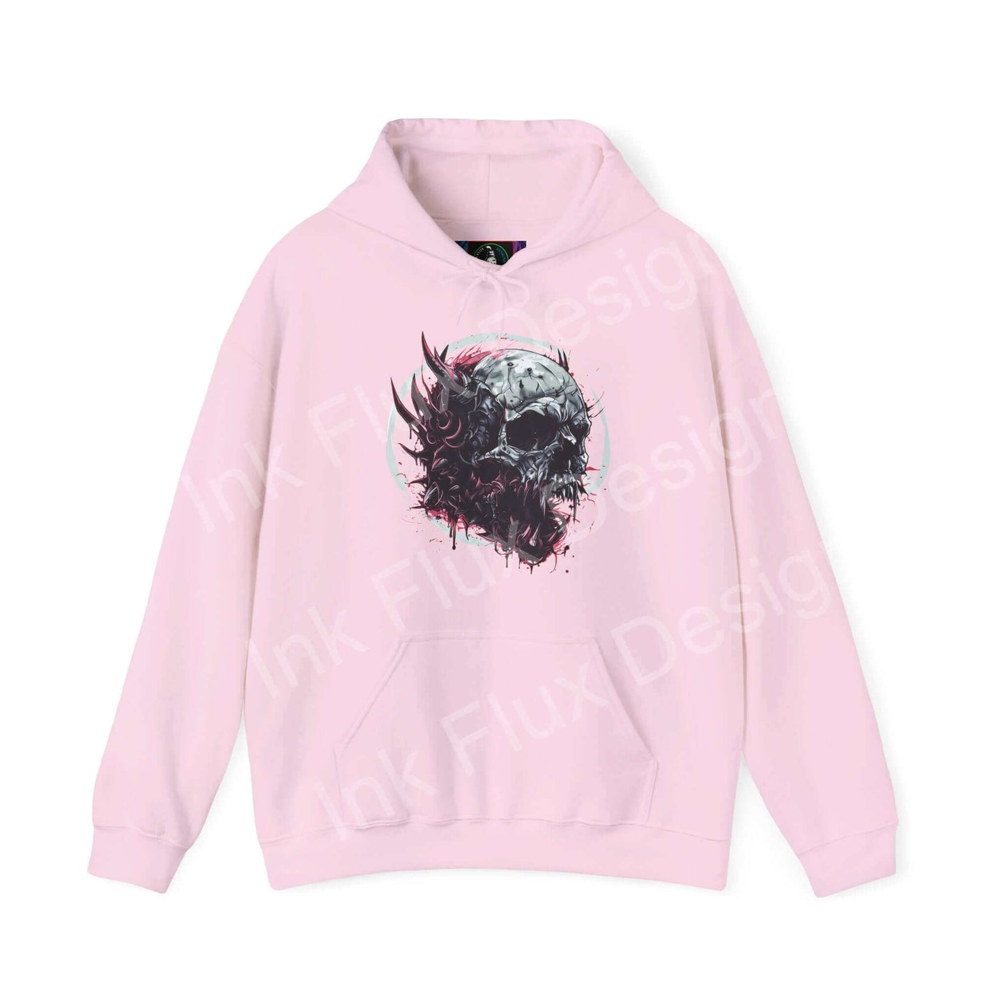 Pink Ravenous Skull II Hooded Sweatshirt with bold skull graphic design, blending style and comfort, ideal for chilly days.