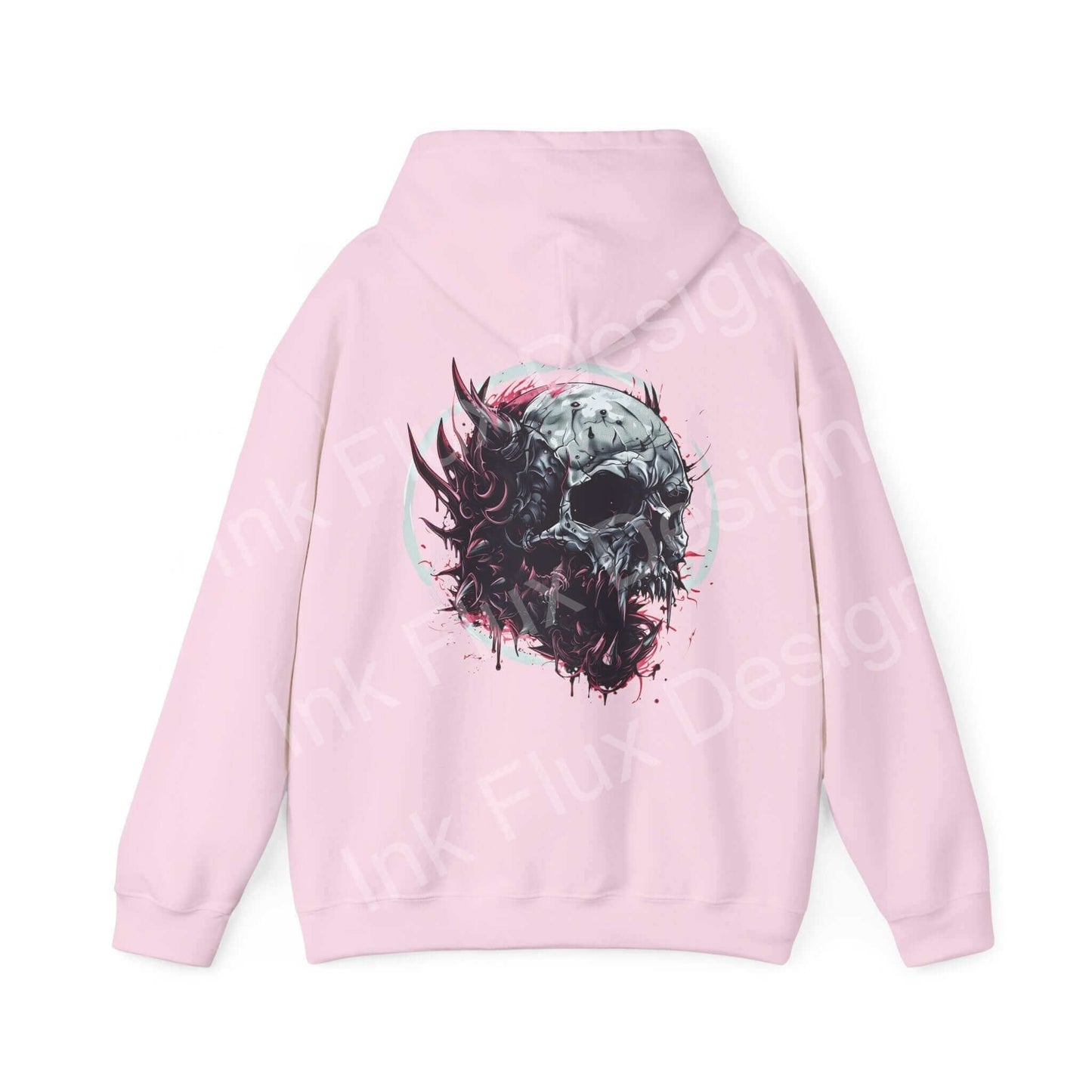 Pink Ravenous Skull II hooded sweatshirt with bold graphic design on the back, ideal for stylish, cozy wear.