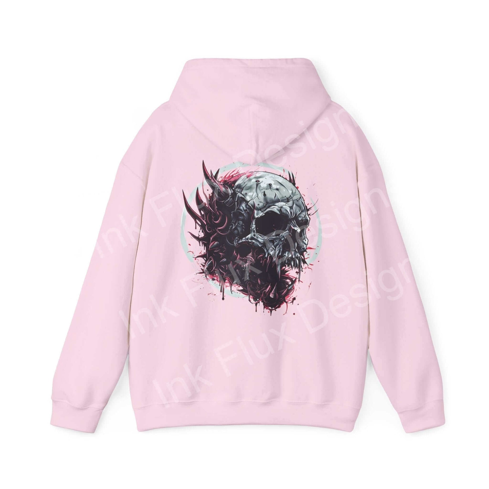 Pink Ravenous Skull II hooded sweatshirt with bold graphic design on the back, ideal for stylish, cozy wear.