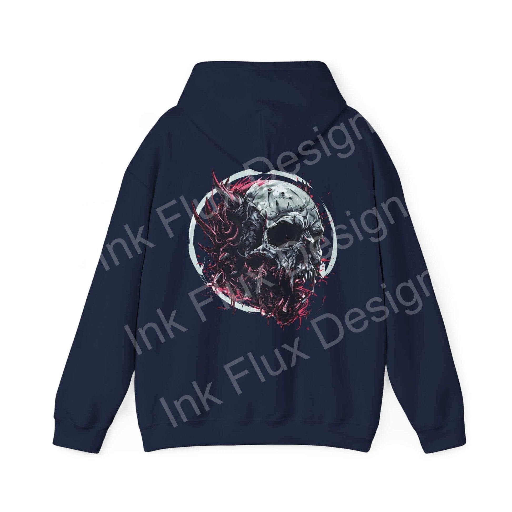 Back view of Ravenous Skull II Hooded Sweatshirt featuring bold graphic design on navy fabric, ideal for fans of unique, artistic hoodies.