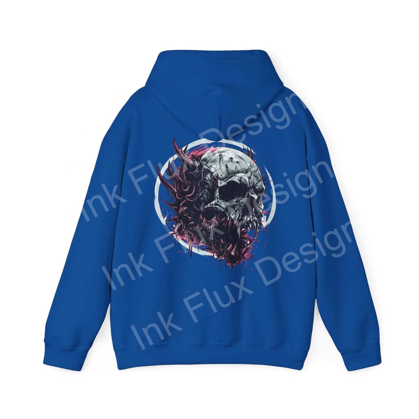 Rear view of blue Ravenous Skull II graphic hoodie, showcasing bold skull design on heavy-blend fabric for chilly days.