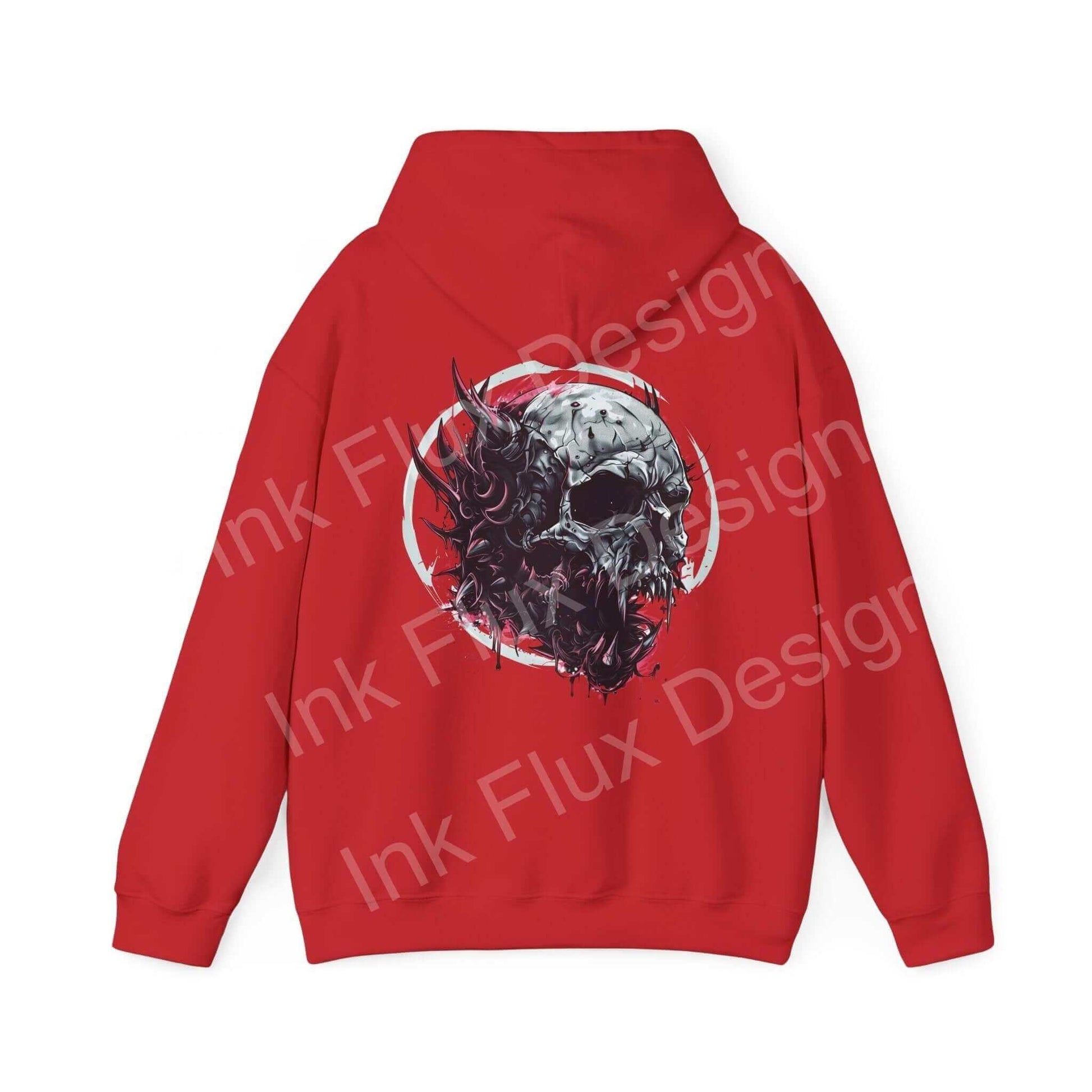 Red hooded sweatshirt featuring a bold skull graphic design, ideal for those seeking stylish, graphic hoodies with unique art.