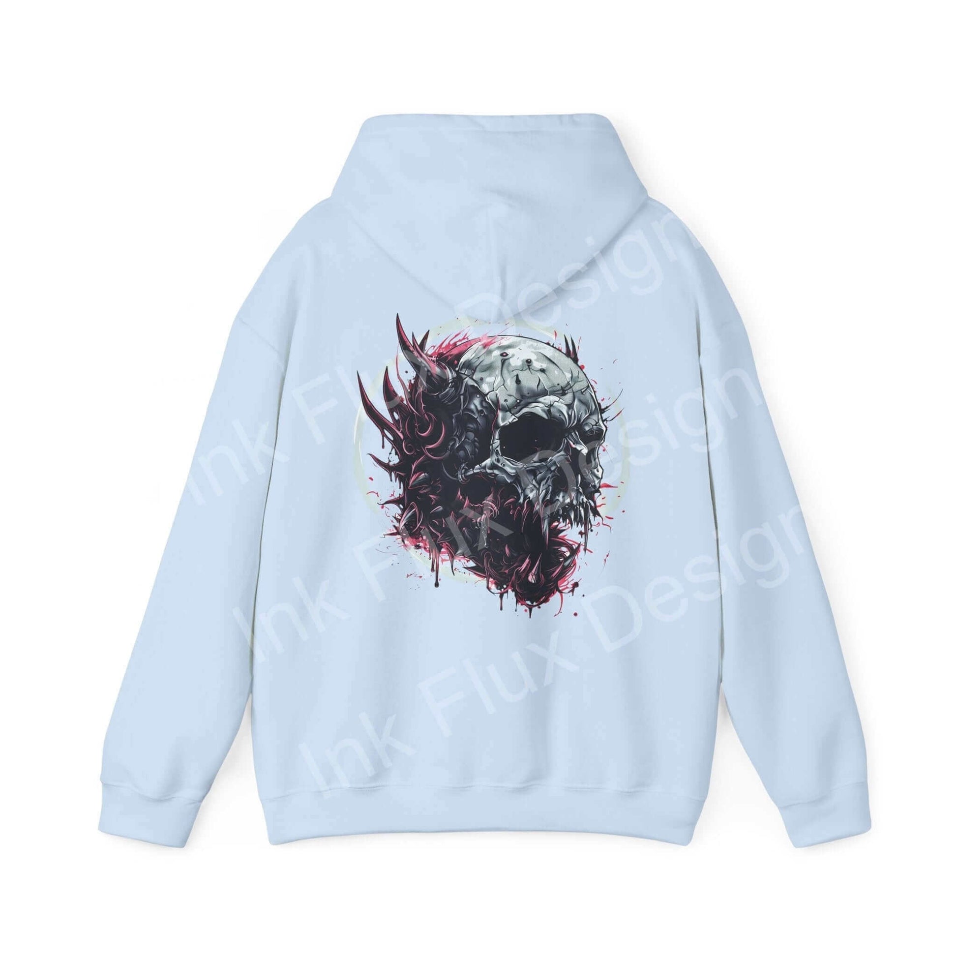 Light blue Ravenous Skull II hooded sweatshirt with a bold graphic skull design on the back, ideal for graphic hoodie enthusiasts.