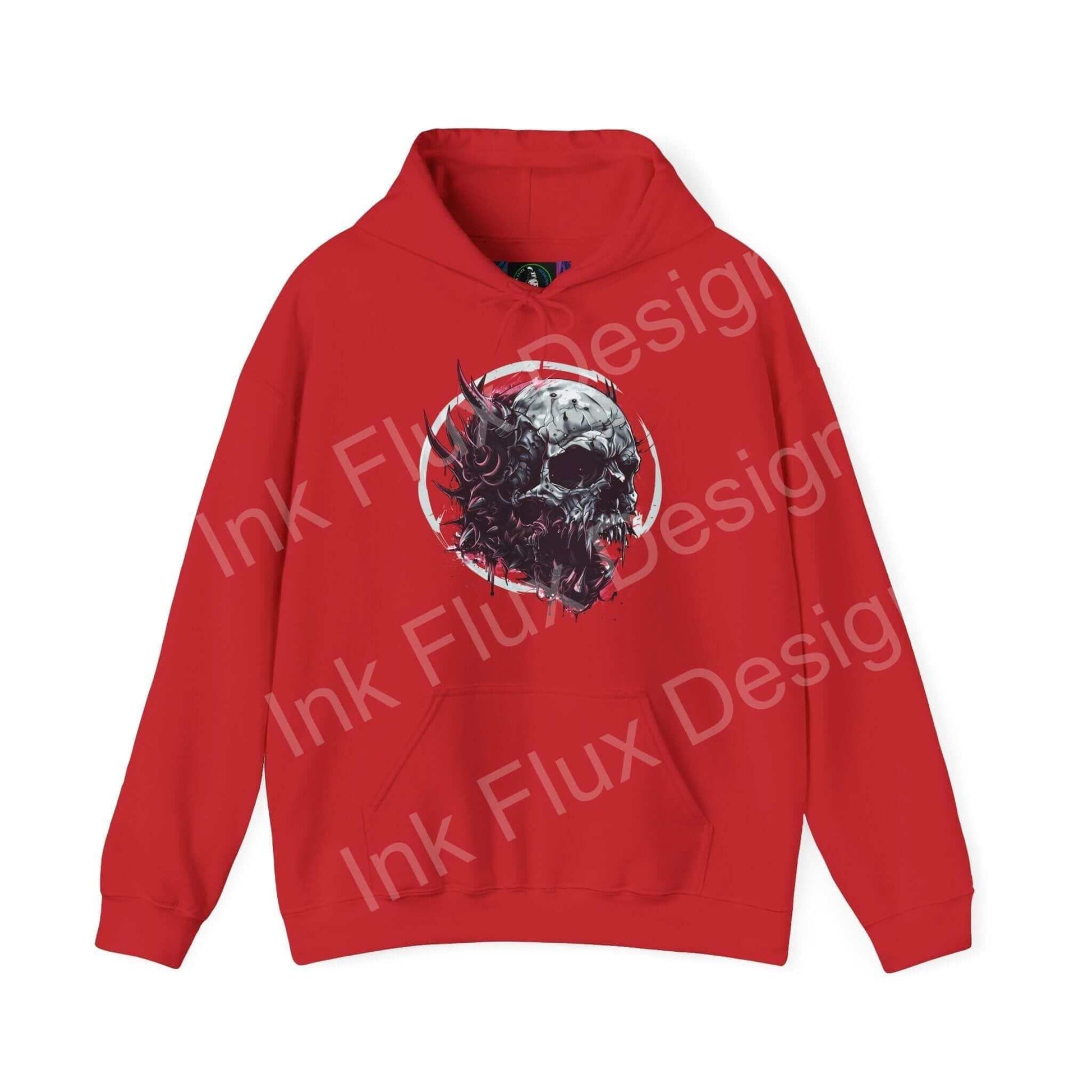 Red Ravenous Skull II hooded sweatshirt with bold graphic design, unisex heavy-blend for style and comfort