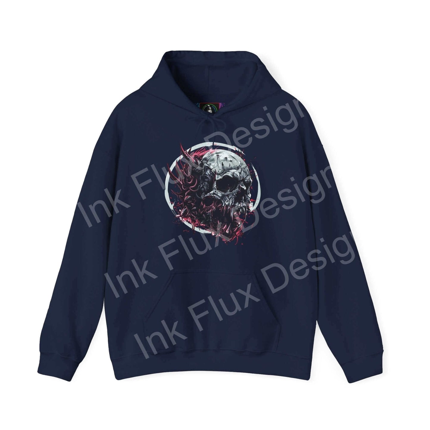 Navy blue 'Ravenous Skull II' hooded sweatshirt featuring a bold graphic skull design, ideal for stylish, cozy wear.