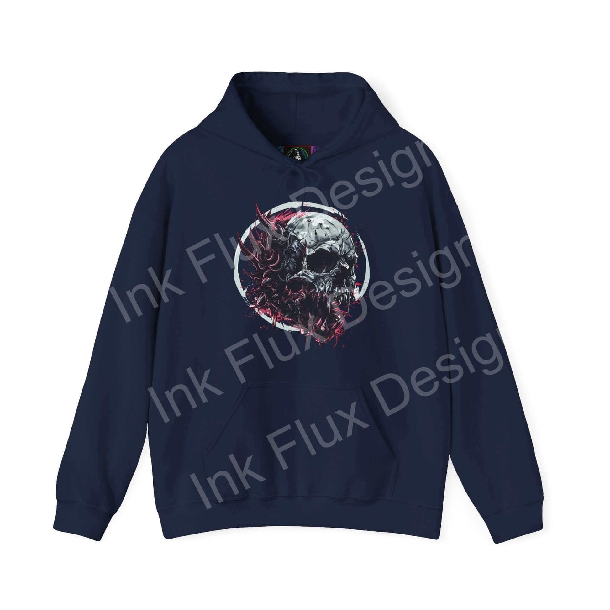 Navy blue 'Ravenous Skull II' hooded sweatshirt featuring a bold graphic skull design, ideal for stylish, cozy wear.