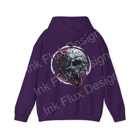 Rear view of Ravenous Skull II graphic hoodie in purple, featuring a bold skull design on a unisex, heavy-blend fabric for style and comfort.