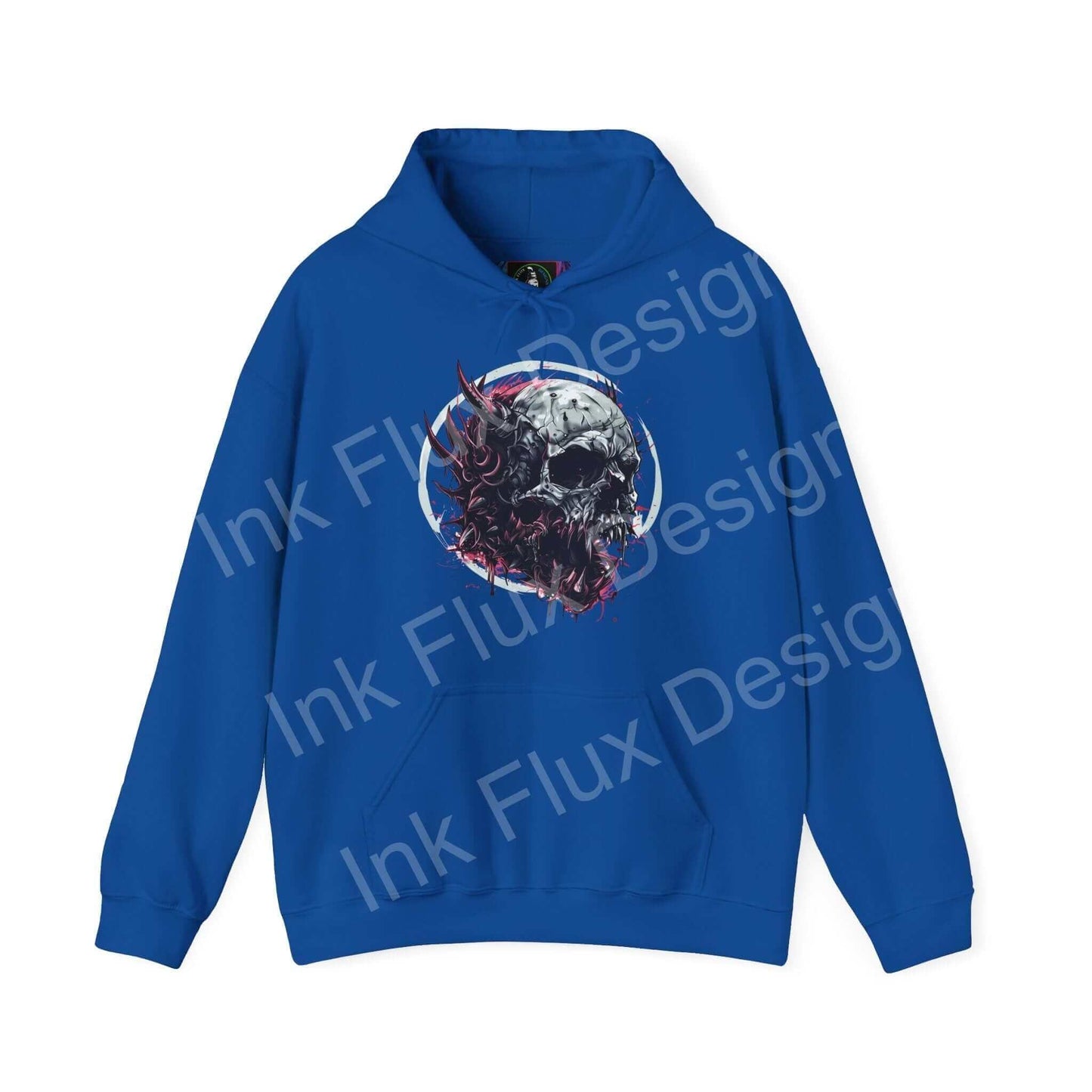 Blue Ravenous Skull II graphic hoodie with bold skull design on front, combining cozy style and durability.
