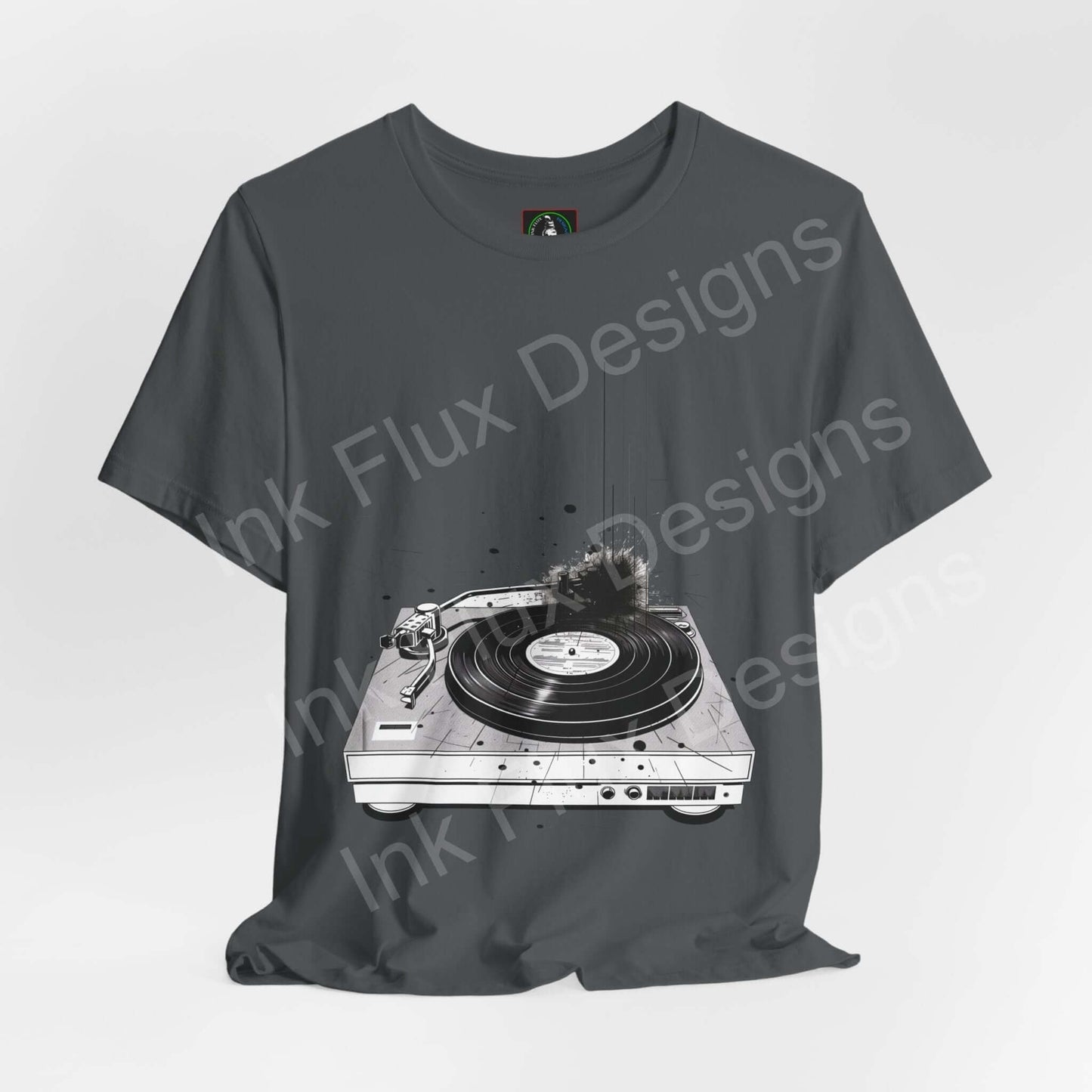 Charcoal unisex T-shirt featuring a bold graphic of a record player, ideal for music lovers, by Bella+Canvas focusing on sustainability.