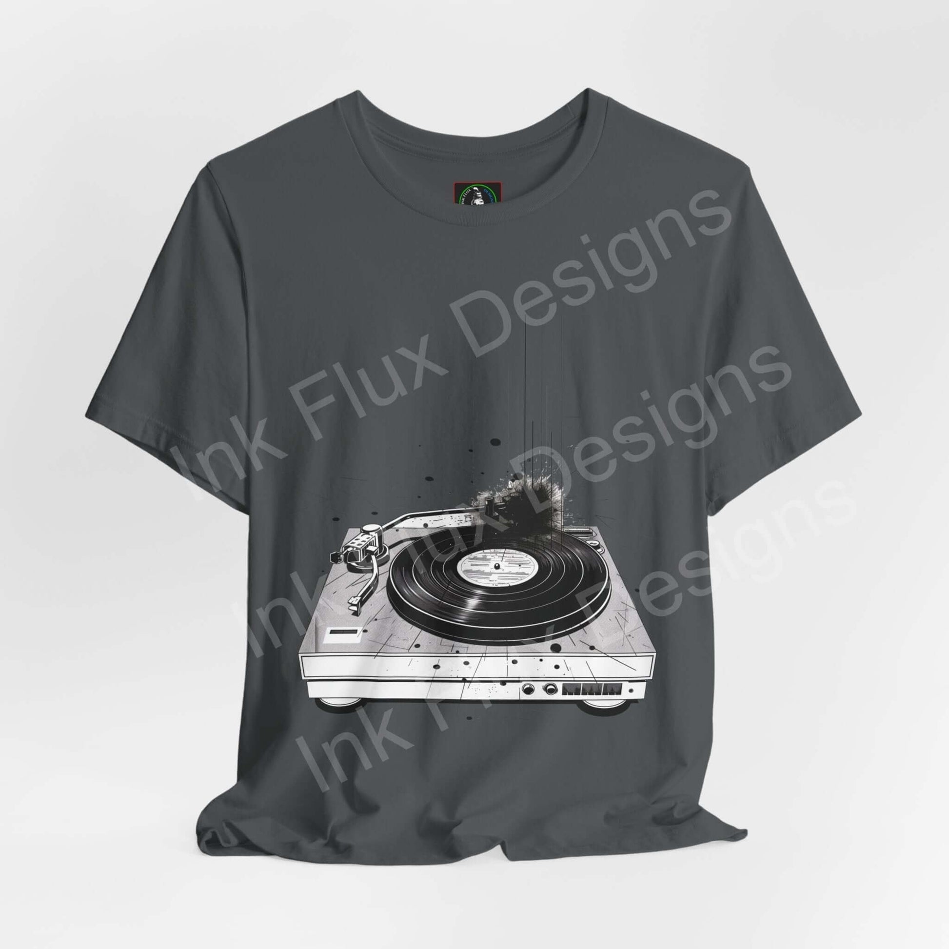 Charcoal unisex T-shirt featuring a bold graphic of a record player, ideal for music lovers, by Bella+Canvas focusing on sustainability.