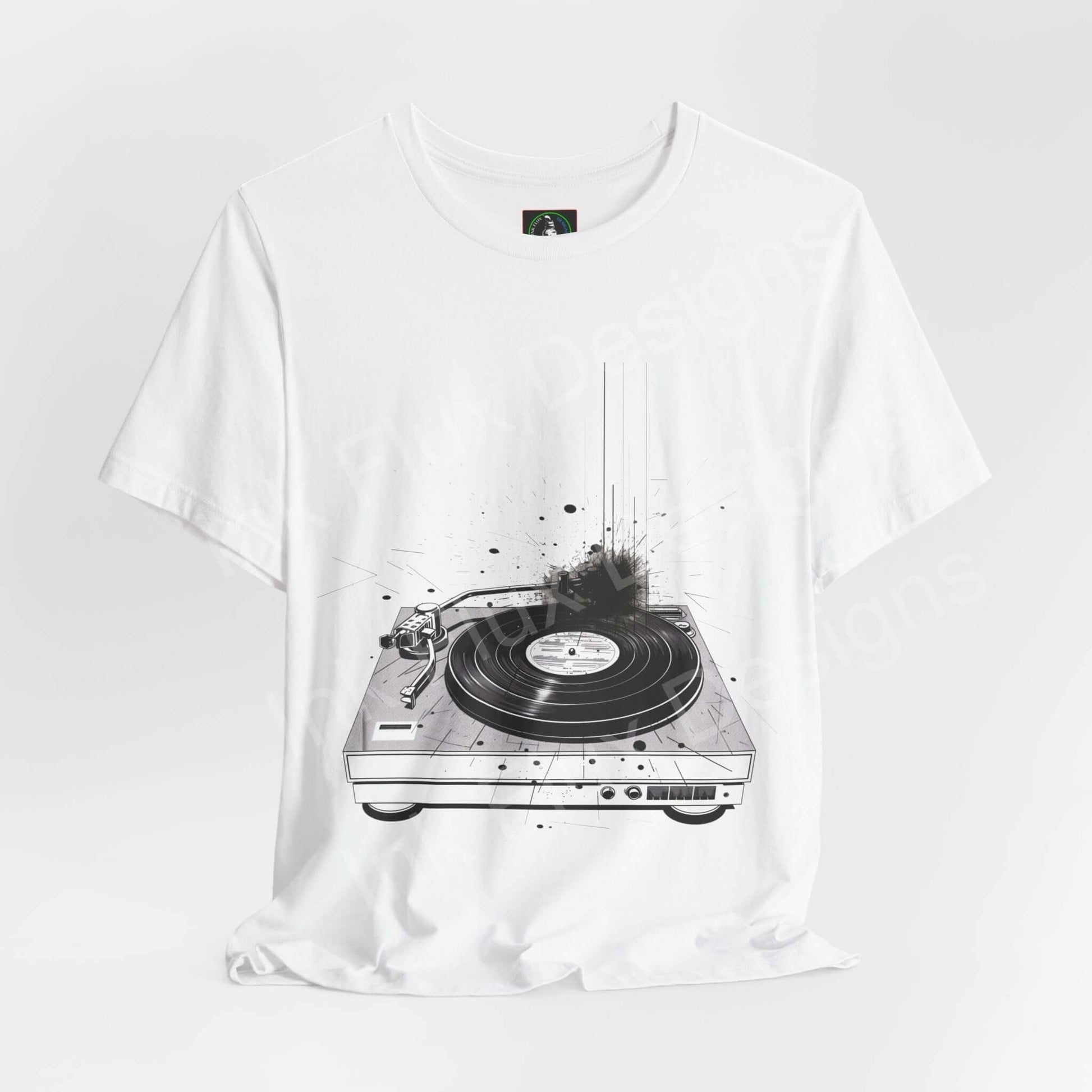 Unisex white jersey T-shirt with bold graphic of a record player, designed for style and comfort, by Bella+Canvas.