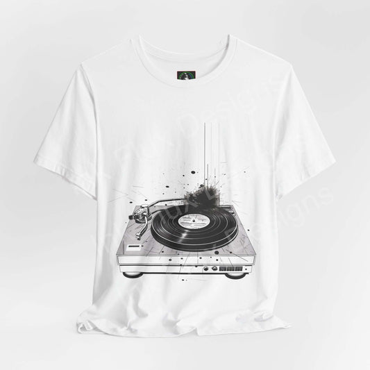Unisex white jersey T-shirt with bold graphic of a record player, designed for style and comfort, by Bella+Canvas.