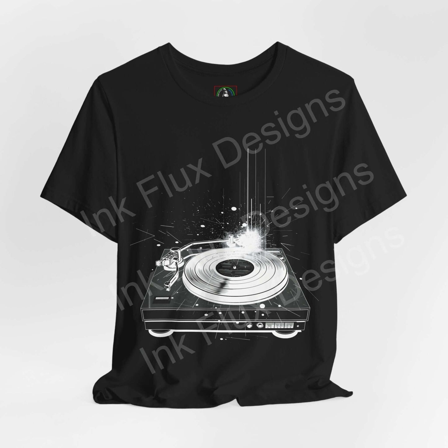 Black unisex T-shirt with bold graphic of a record player design, made by Bella+Canvas focusing on style and sustainability.