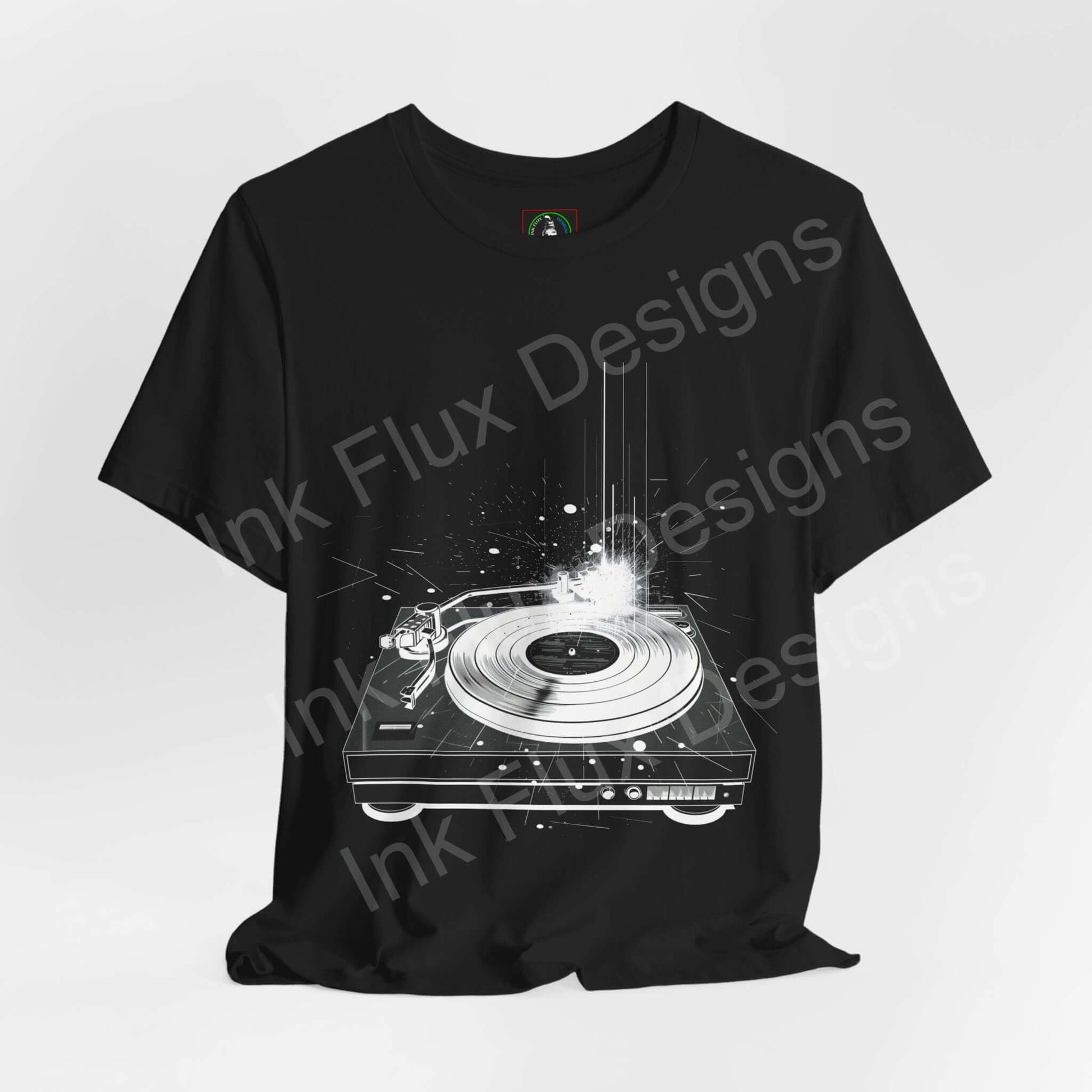 Black unisex T-shirt with bold graphic of a record player design, made by Bella+Canvas focusing on style and sustainability.