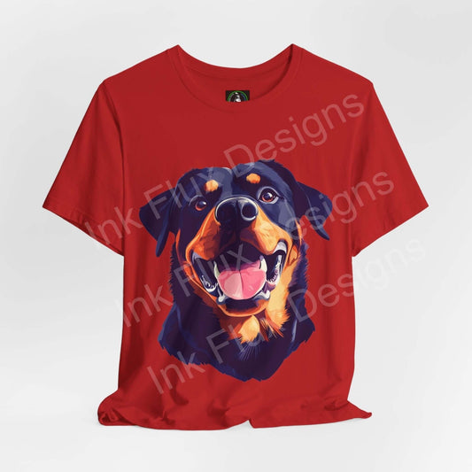 Red unisex T-shirt featuring a vibrant graphic of a smiling Rottweiler, ideal for dog lovers and fashion-forward graphic tee enthusiasts.
