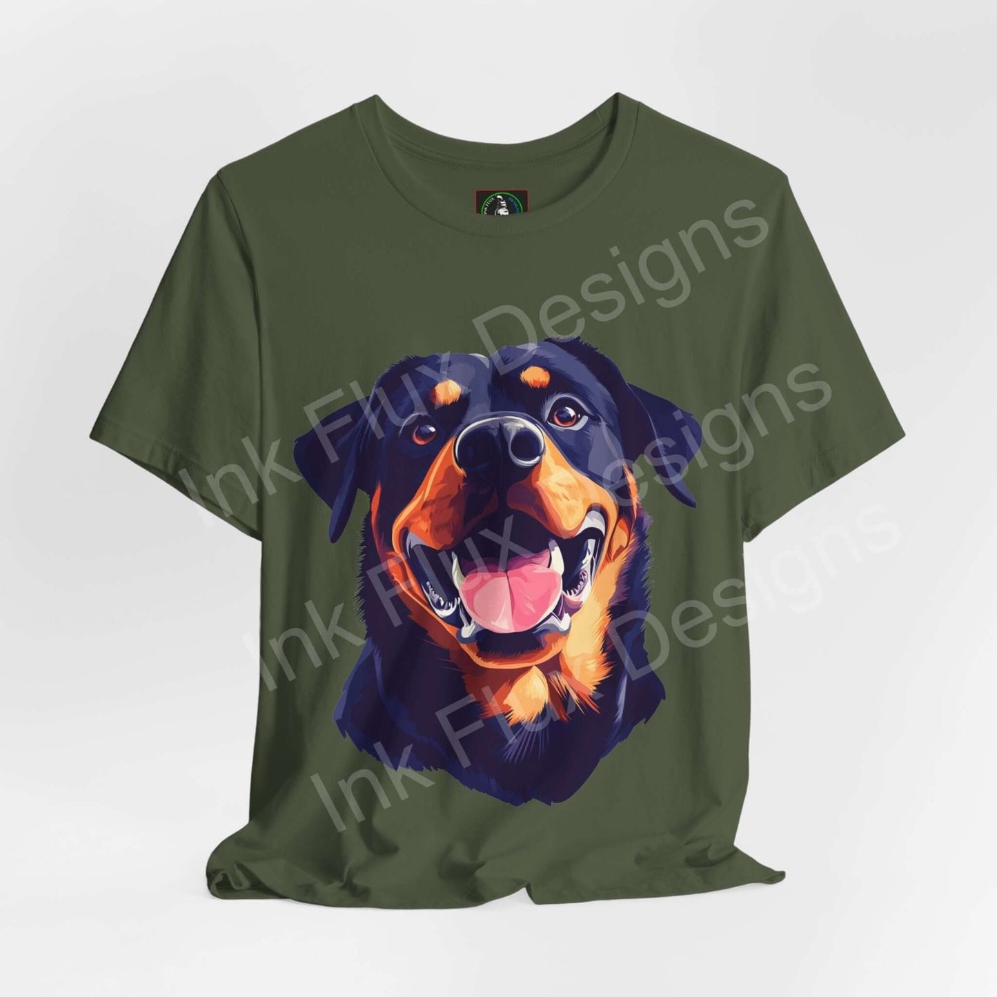 Rottweiler Dog T-Shirt featuring a bold graphic portrait of a happy Rottweiler on an olive green tee.