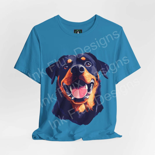 Blue unisex T-shirt featuring a vibrant graphic of a smiling Rottweiler, ideal for dog lovers and casual wear.