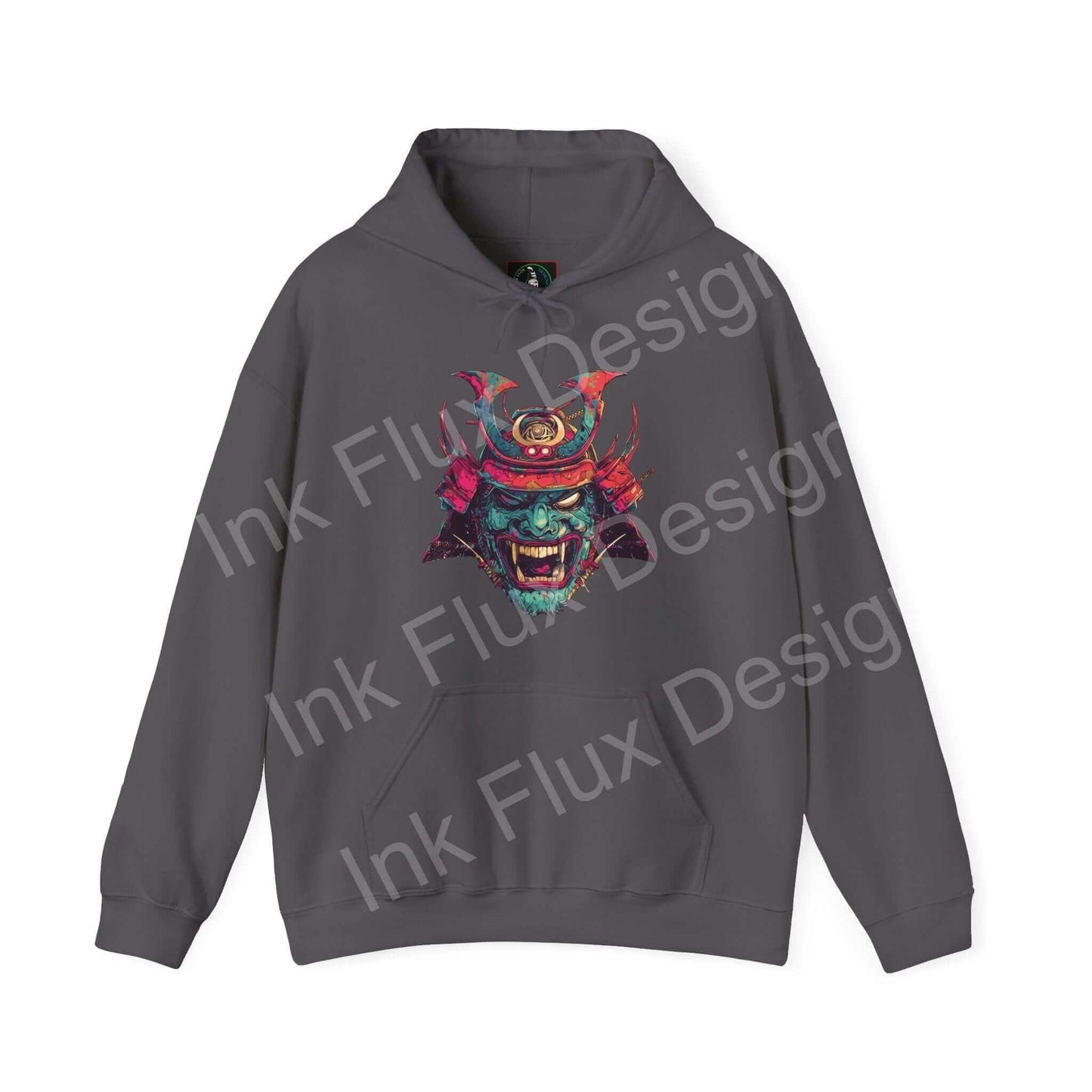 Unisex gray Samurai Mask hooded sweatshirt featuring bold graphic design, ideal for graphic hoodie enthusiasts seeking style and comfort.