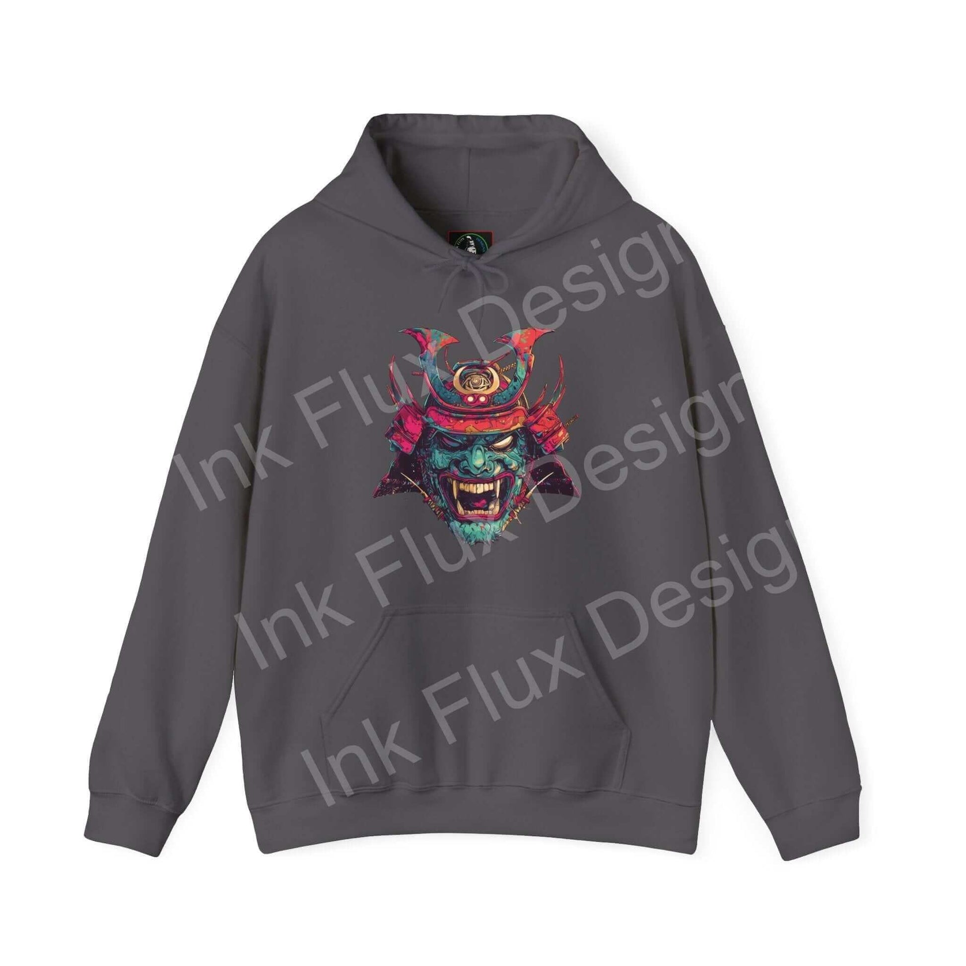 Unisex gray Samurai Mask hooded sweatshirt featuring bold graphic design, ideal for graphic hoodie enthusiasts seeking style and comfort.
